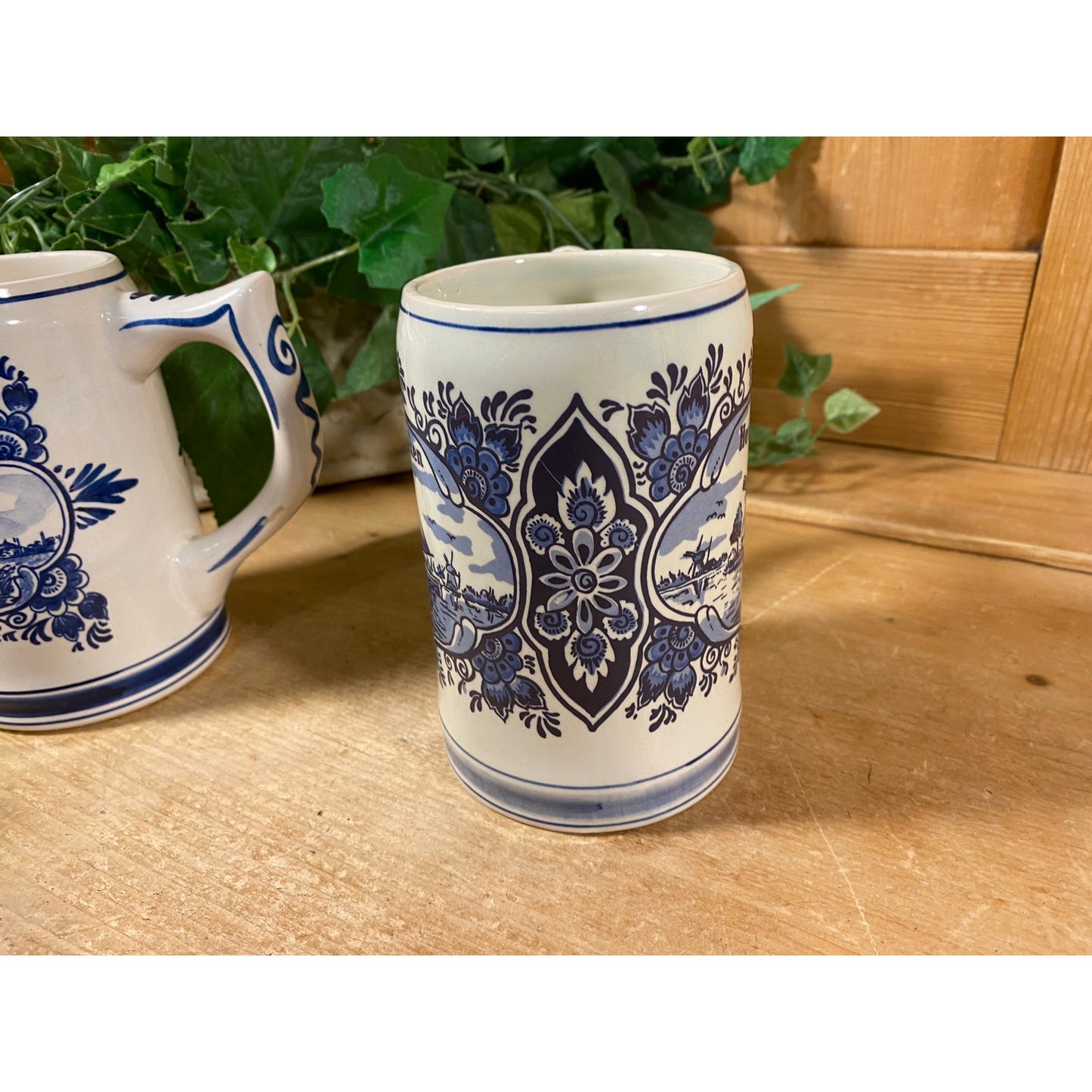 Vintage Hand-Painted Heineken Ceramic Tankards - Set of 2 | Delft Blue | Made In Holland | Dutch Beer Mugs | Collectible European Steins