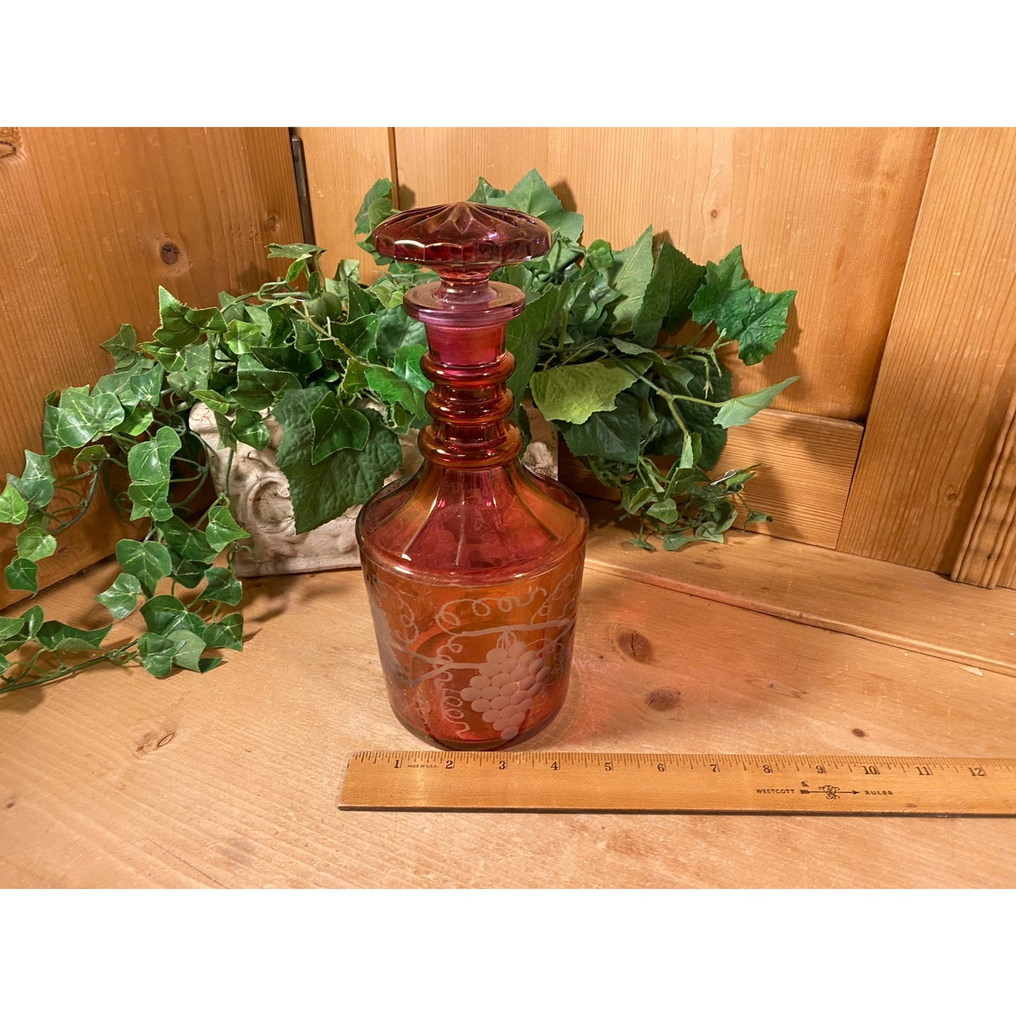 Vintage Etched Glass Wine Decanter with Glasses - Set of 5 | Imperial | Etched Glass with Grapes, Grapevines | Wine Decanter Set | Victorian