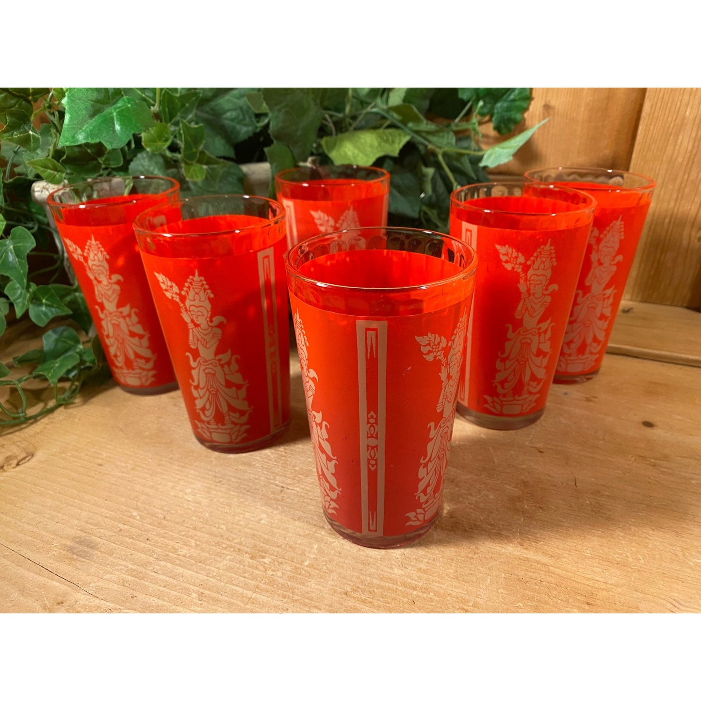 Vintage Red Thai Princess Glasses - Set of 6 | Culver | Midcentury Modern Drinking Glasses (C) | Thai Goddess | Academia | Goddess Glasses