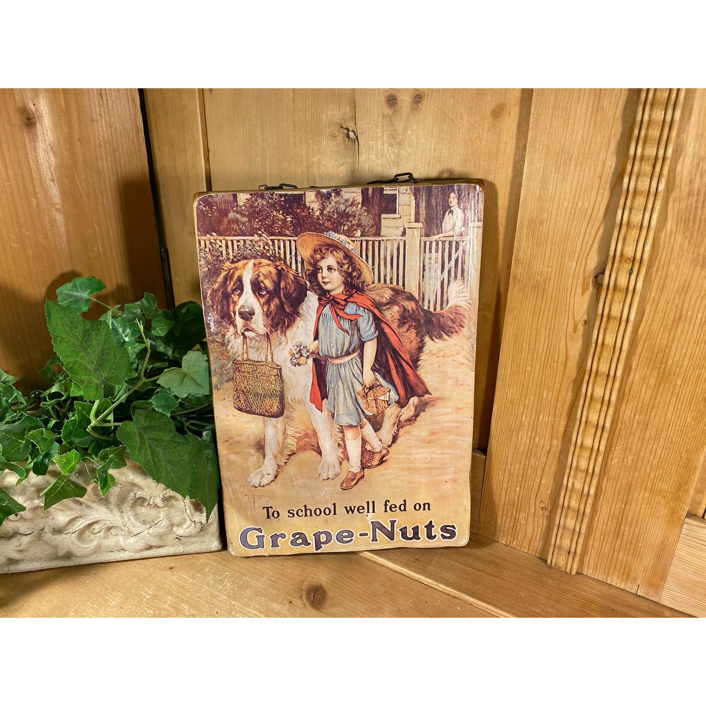 Vintage Grapenuts Poster On Wood | Shellaced Wall Plaque with Chaing Hanger | Vintage Advertising Art | Primitive Wall Art | Primitives