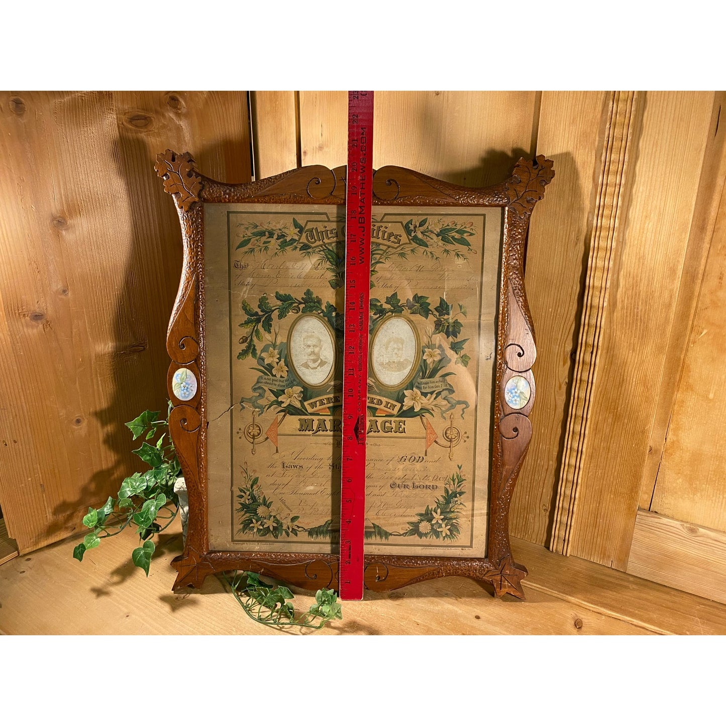 Antique Marriage Certificate In Carved Wooden Frame | Ornate 1893 Marriage Certificate with Photos of Bride + Groom | Victorian Wall Decor