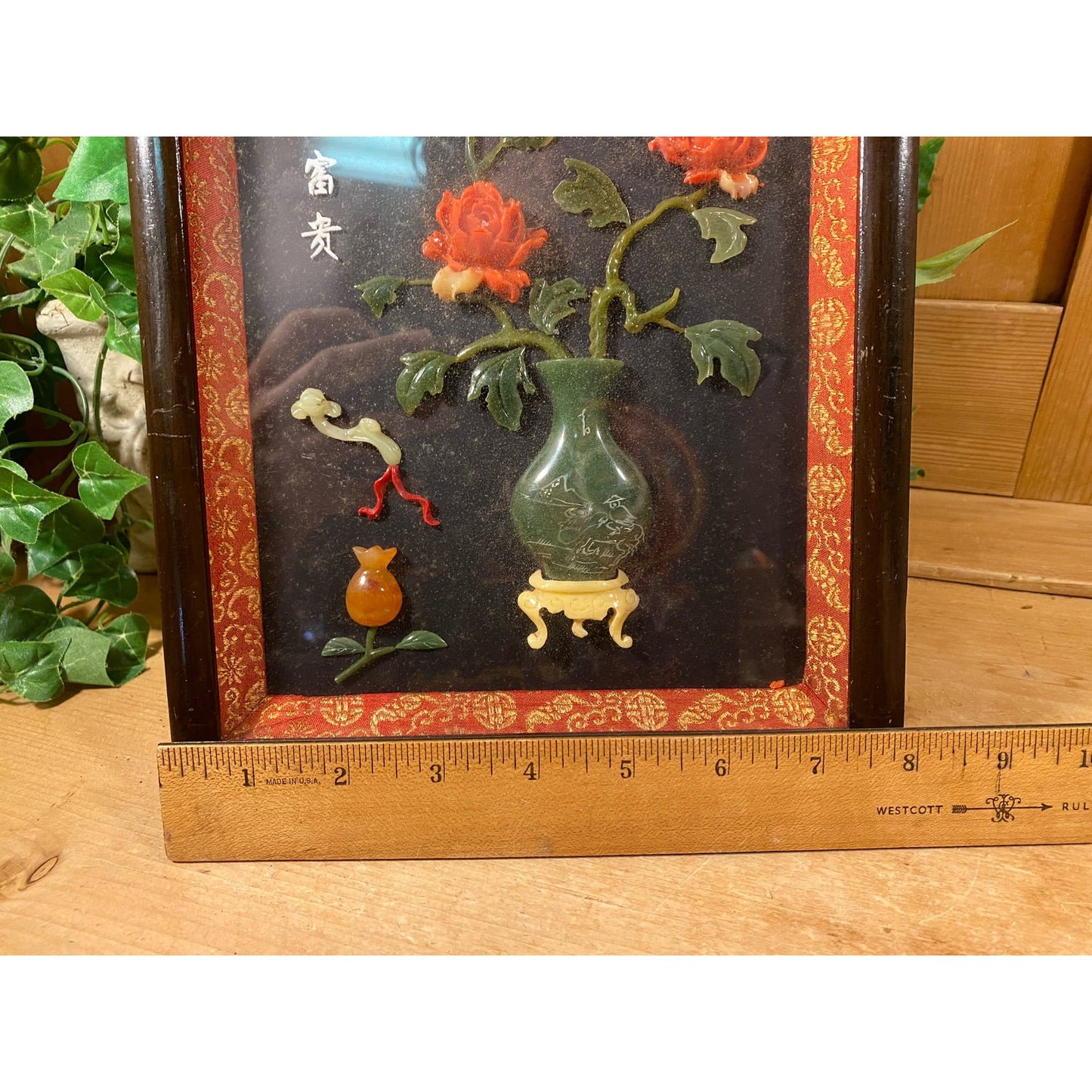 Vintage Framed Asian Shadow Box Art | Jade and Coral | Roses in Flower Vase | Asian Wall Decor | Chinese Art | Flower Picture In Wood Frame