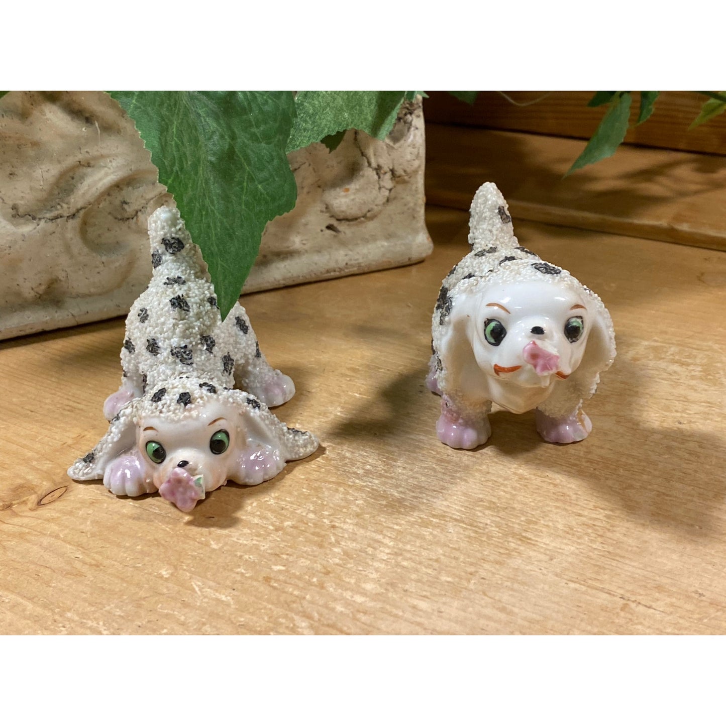 Vintage Sugar-Glazed Porcelain Dog Figurines - Set of 2 | Made In Japan | Black + White Spotted Dogs with Flowers | Midcentury Dog Figurines