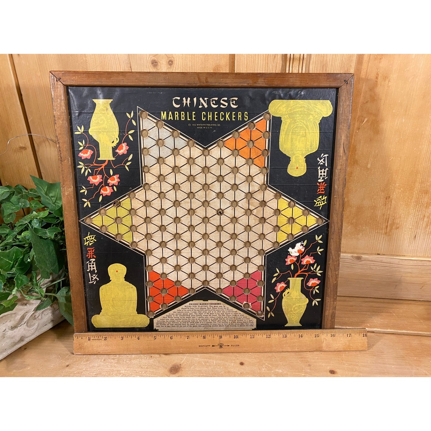 Vintage Chinese Checkers + Checkers Board with Wood Frame | Whitman | 1939 | Reversible Game Board | Classic Marble Boardgame | Game Night