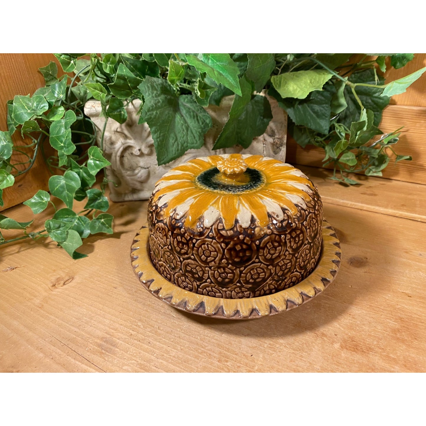Vintage Flowered Majolica Pottery Cheese Dome with Lid | Yellow and Brown | Cottagecore Decor | Shabby Chic | Floral Victorian Table Decor