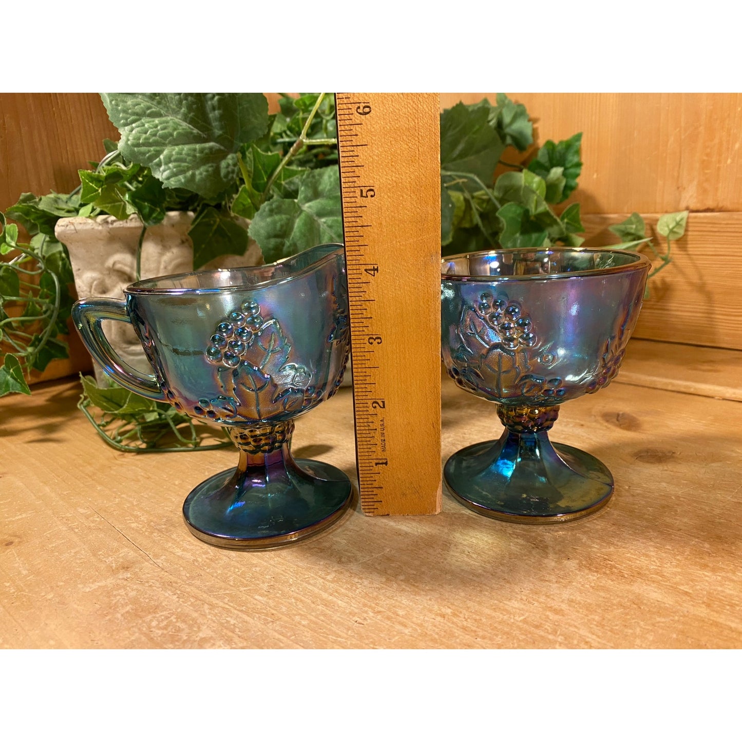 Vintage Harvest Grape Blue Carnival Glass Cream + Sugar Set | Indiana Glass | Shabby Chic | Iridescent Glass Cream Pitcher and Sugar Bowl