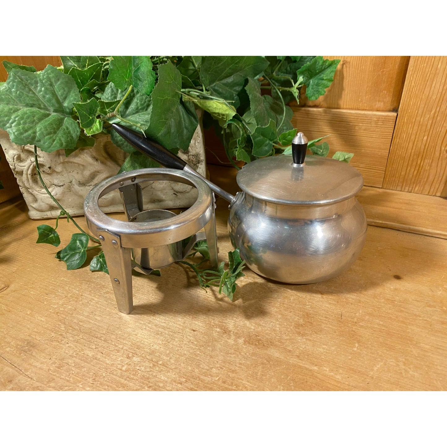 Vintage Aluminum Warming Pan 3 pc. Set | Fondue, Sauce, Milk | Spain | Pot, Base, Ladle | Aluminum + Black Bakelite | Midcentury Modern