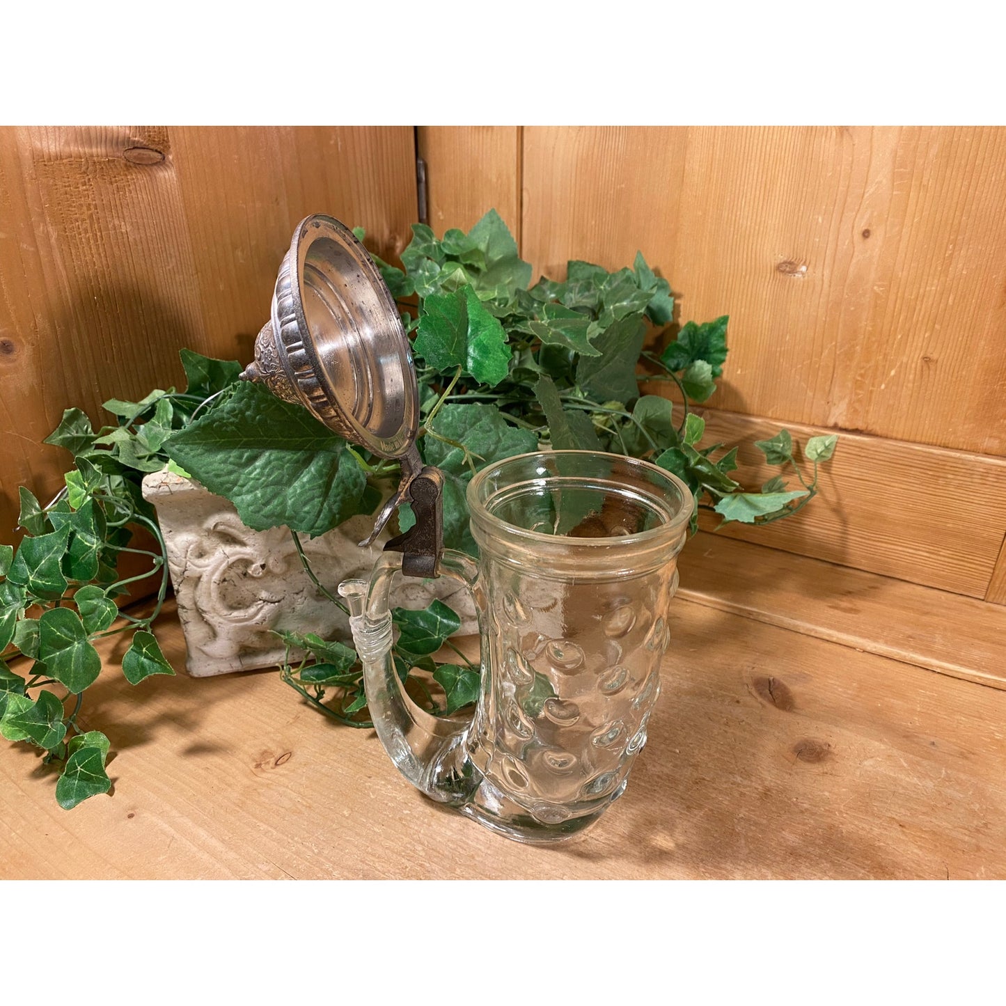 Vintage BMF Glass Coin Dot Horn-Shaped Beer Stein with Hinged Pewter Lid | Bayerische Metallwarenfabrik | 1960s Glass Beer Mug | Academia