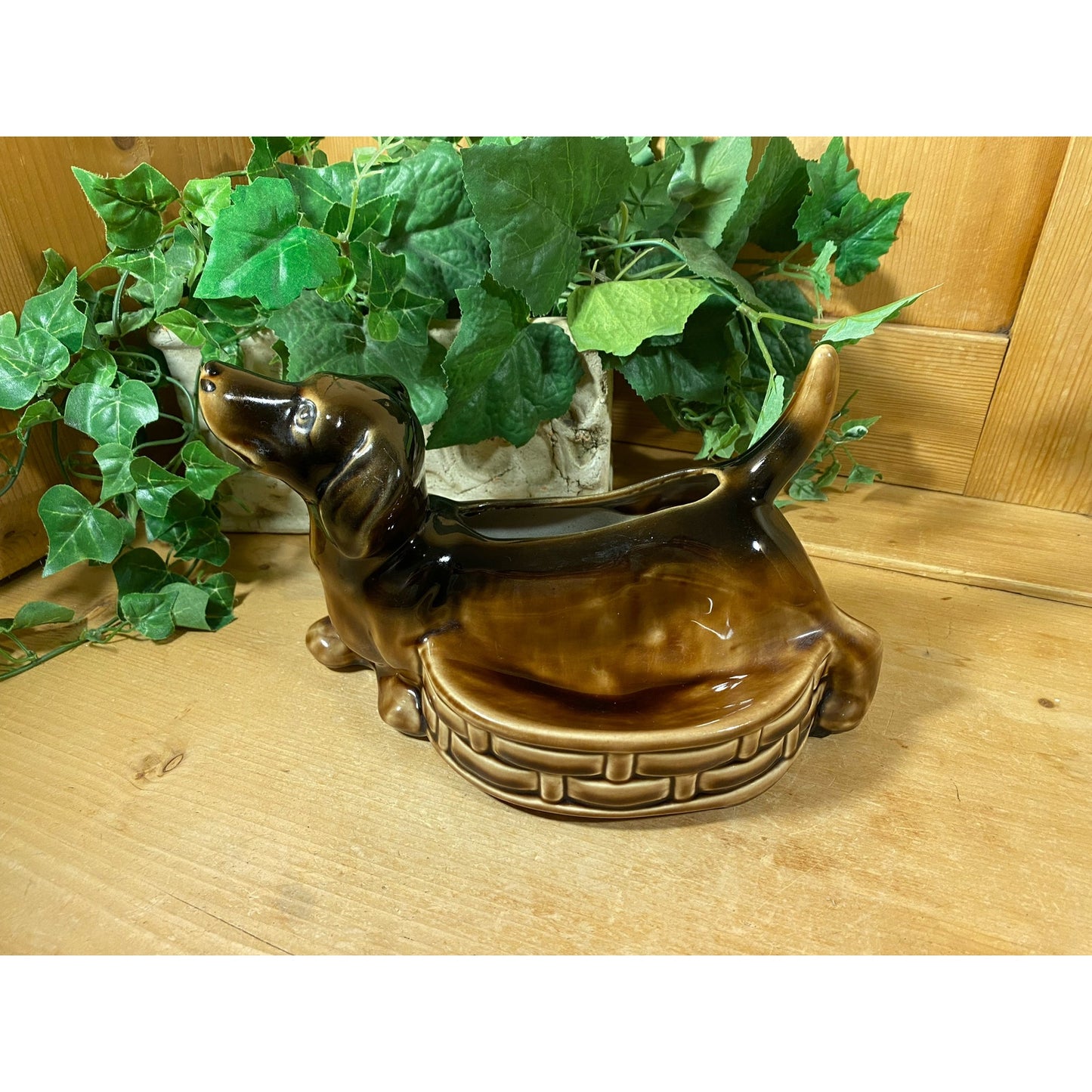 Vintage Brown Ceramic Dachshund Planter | Weiner Dog Planter | Midcentury Modern Table Decor | Vintage Brown Dog Planter | MCM Shelf Decor