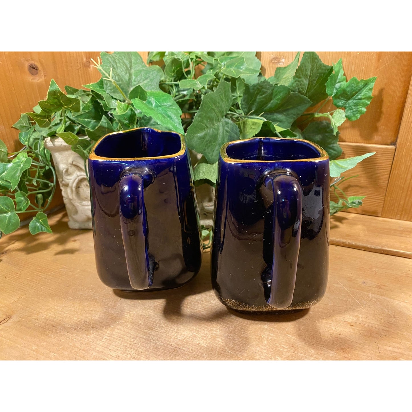 Vintage Seagram's VO Canadian Whiskey Pitchers - Set of 2 | Cobalt Blue Ceramic Whiskey Pitchers with Printed Logo | Academia | Home Bar