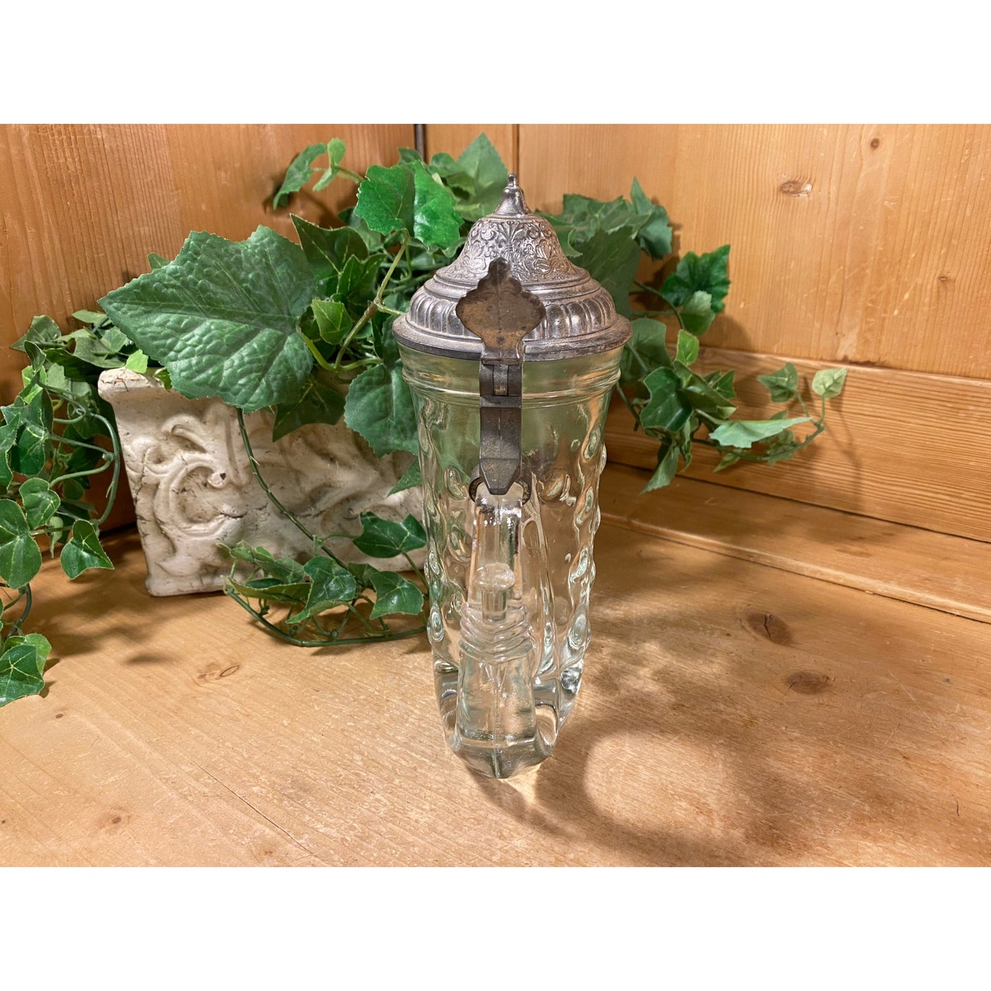 Vintage BMF Glass Coin Dot Horn-Shaped Beer Stein with Hinged Pewter Lid | Bayerische Metallwarenfabrik | 1960s Glass Beer Mug | Academia