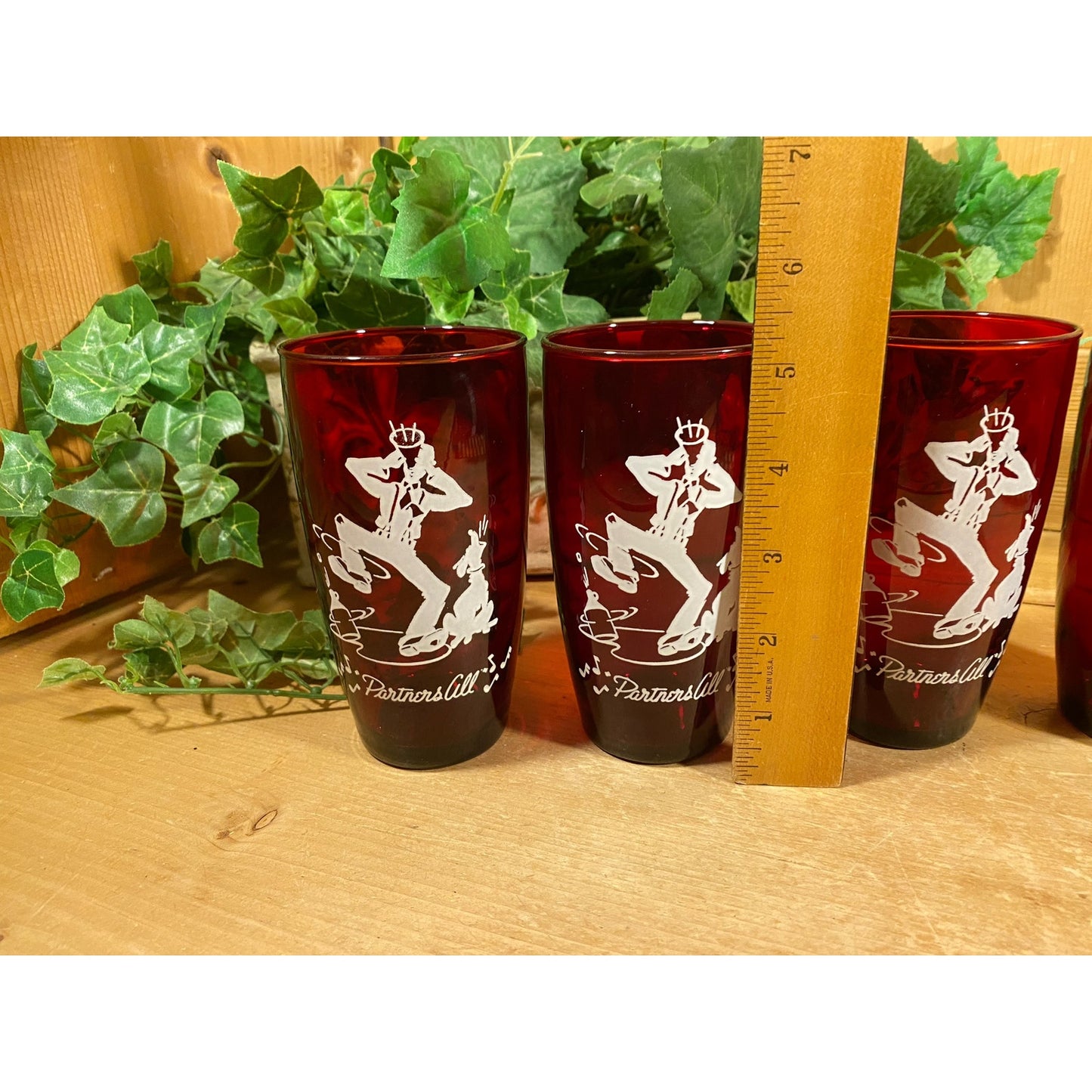 Vintage Ruby Red Glass Square Dancing Glasses - Set of 4 | Partners All | Anchor Hocking | Ruby Glass Water Glasses | Midcntury Modern