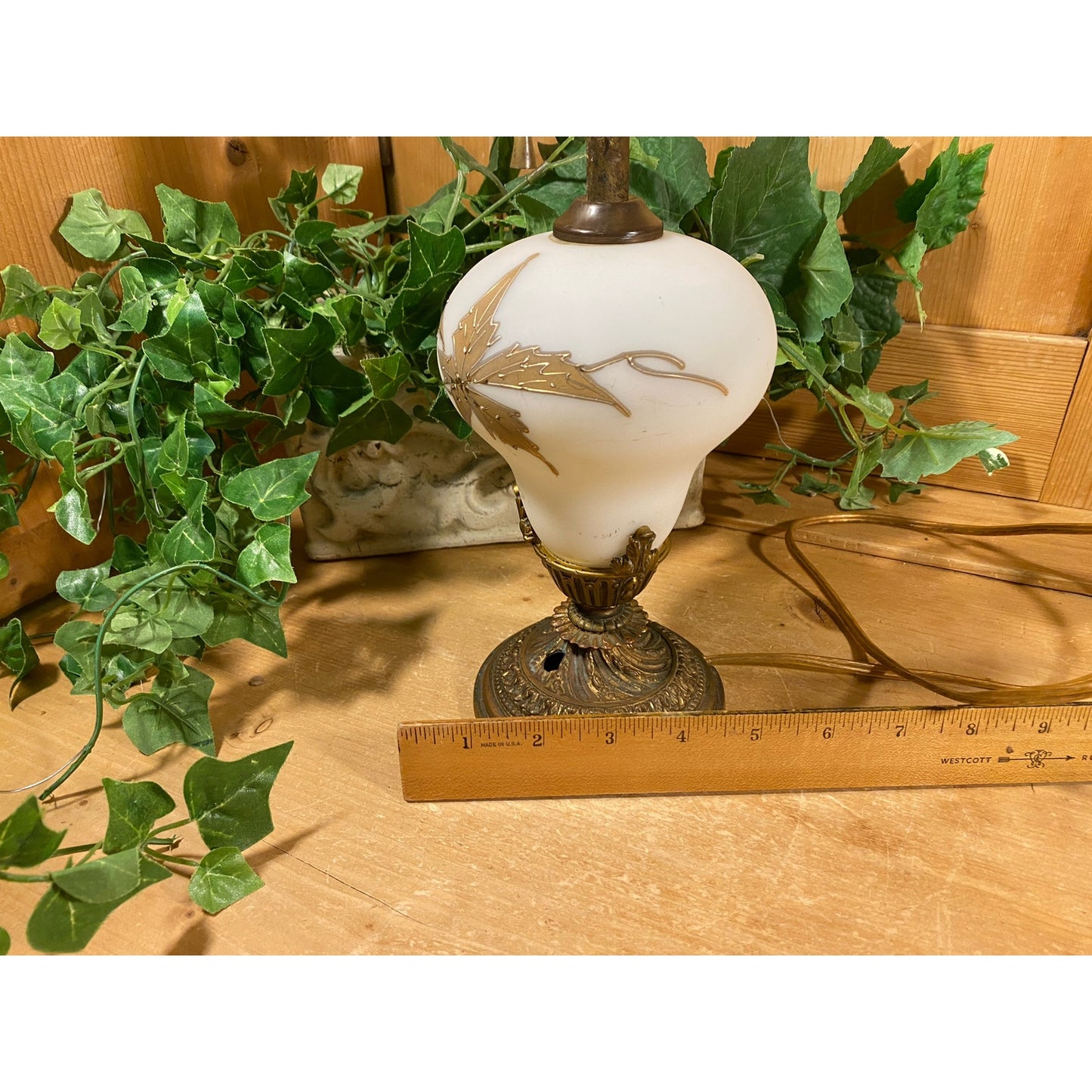 Vintage Frosted White Glass Lamp Base with Golden Leaves | Rewired Victorian Table Lamp | Shabby Chic Glass + Metal Living Room Lamp