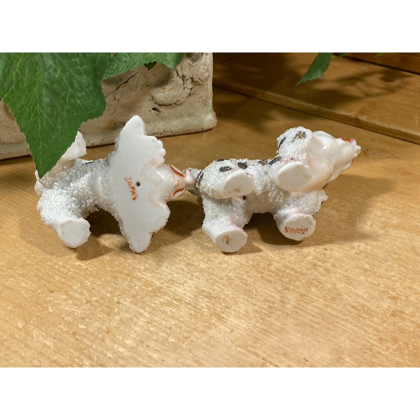 Vintage Sugar-Glazed Porcelain Dog Figurines - Set of 2 | Made In Japan | Black + White Spotted Dogs with Flowers | Midcentury Dog Figurines