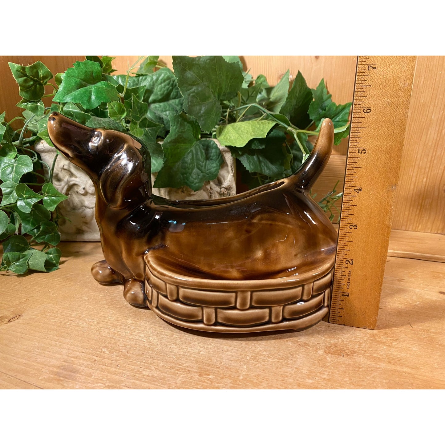 Vintage Brown Ceramic Dachshund Planter | Weiner Dog Planter | Midcentury Modern Table Decor | Vintage Brown Dog Planter | MCM Shelf Decor