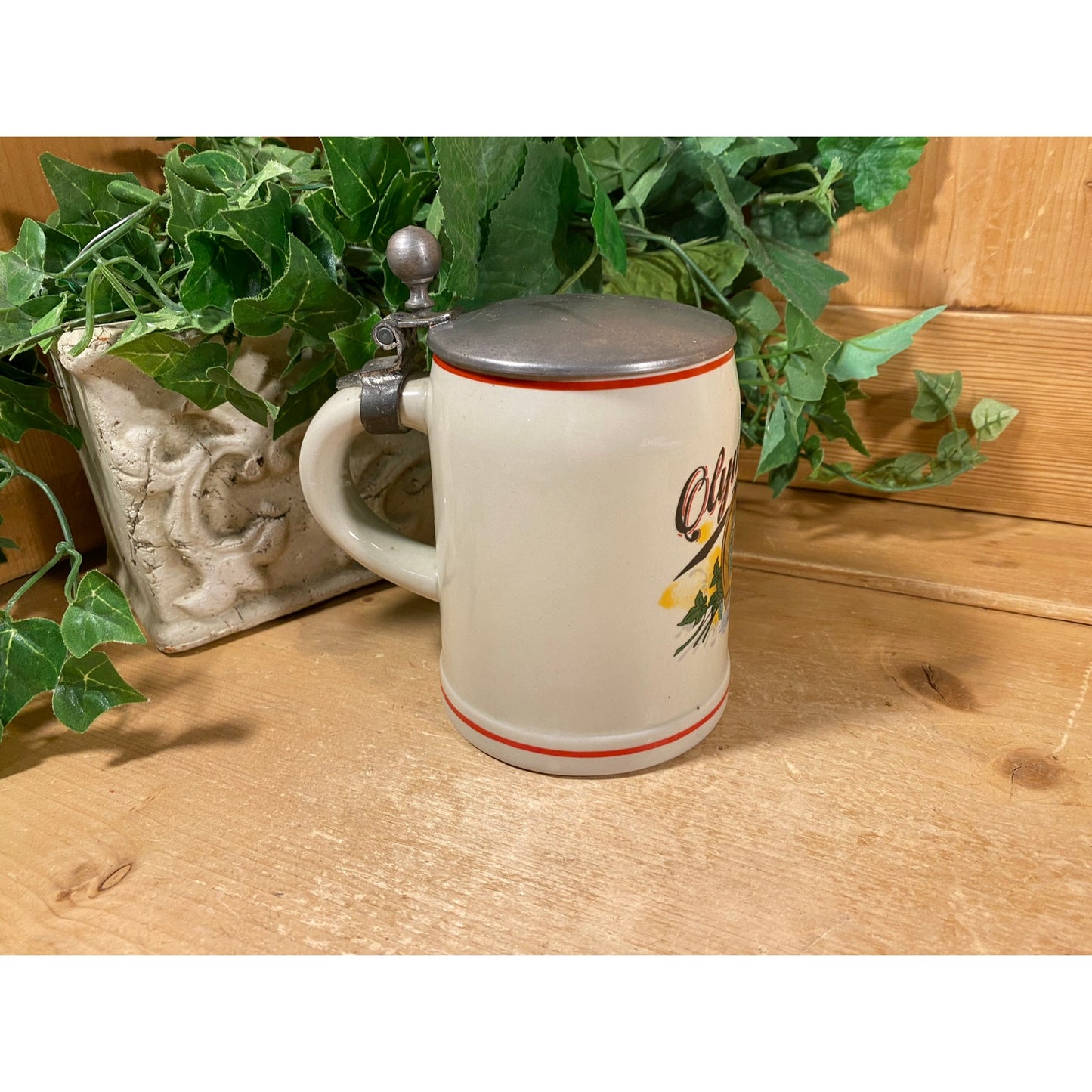 Vintage Ceramic Olympia Beer Stein | Good Luck Horseshoe | Tumwater | White Beer Mug with Pewter Lid | Ceramarte Beer Stein | Retro Barware