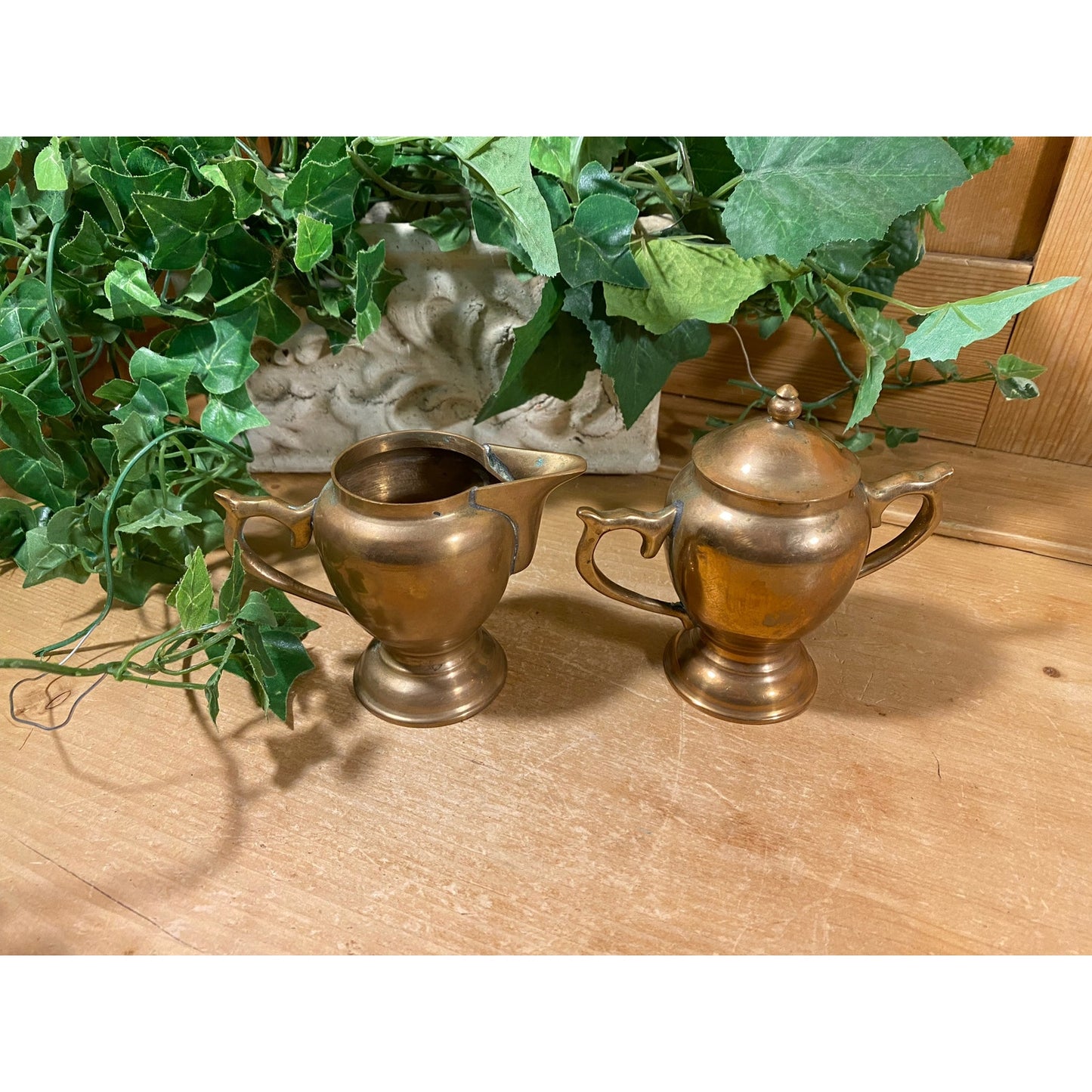 Vintage Solid Brass Sugar Bowl + Cream Pitcher Tea Set | Bohemian Table Decor | Brass Creamer and Sugar Bowl | 2 pc. Boho Cream and Sugar