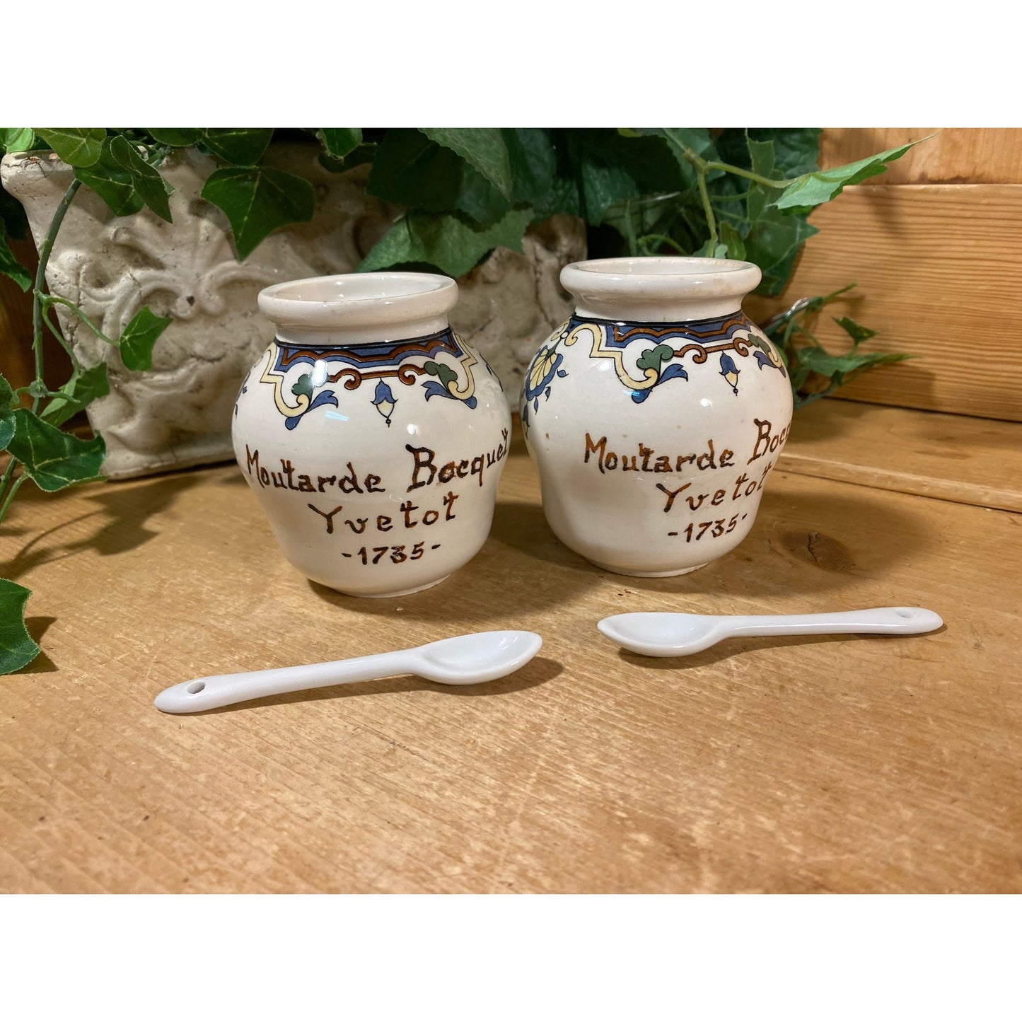 Vintage French Ceramic Mustard Jars with Spoons | Digoin & Sarreguemines | Cottagecore Kitchen Shelf Decor | French Mustard Pots (no lids)