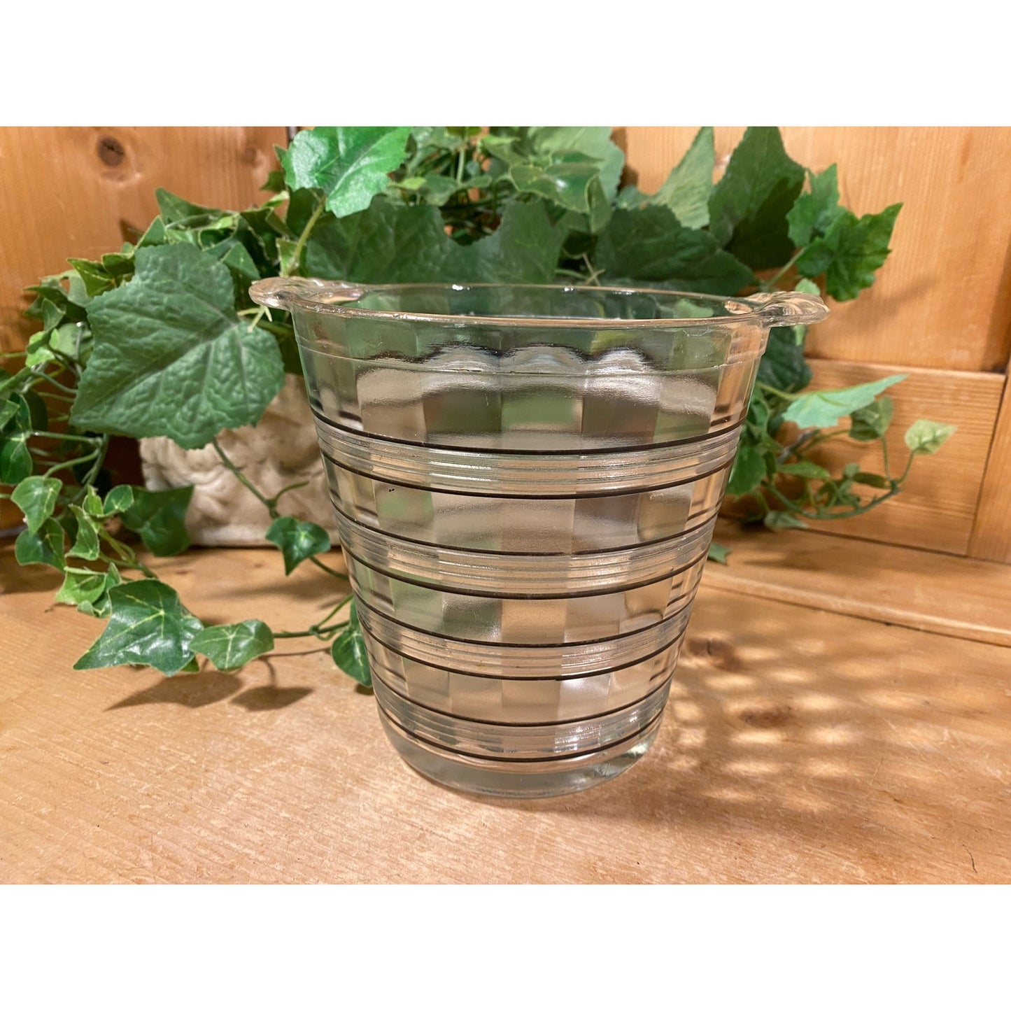 Vintage Striped Clear Glass Ice Bucket with Black Accents | Clear Glass Serving Dish for Wine or Champagne | MCM | Midcentury Modern Barware