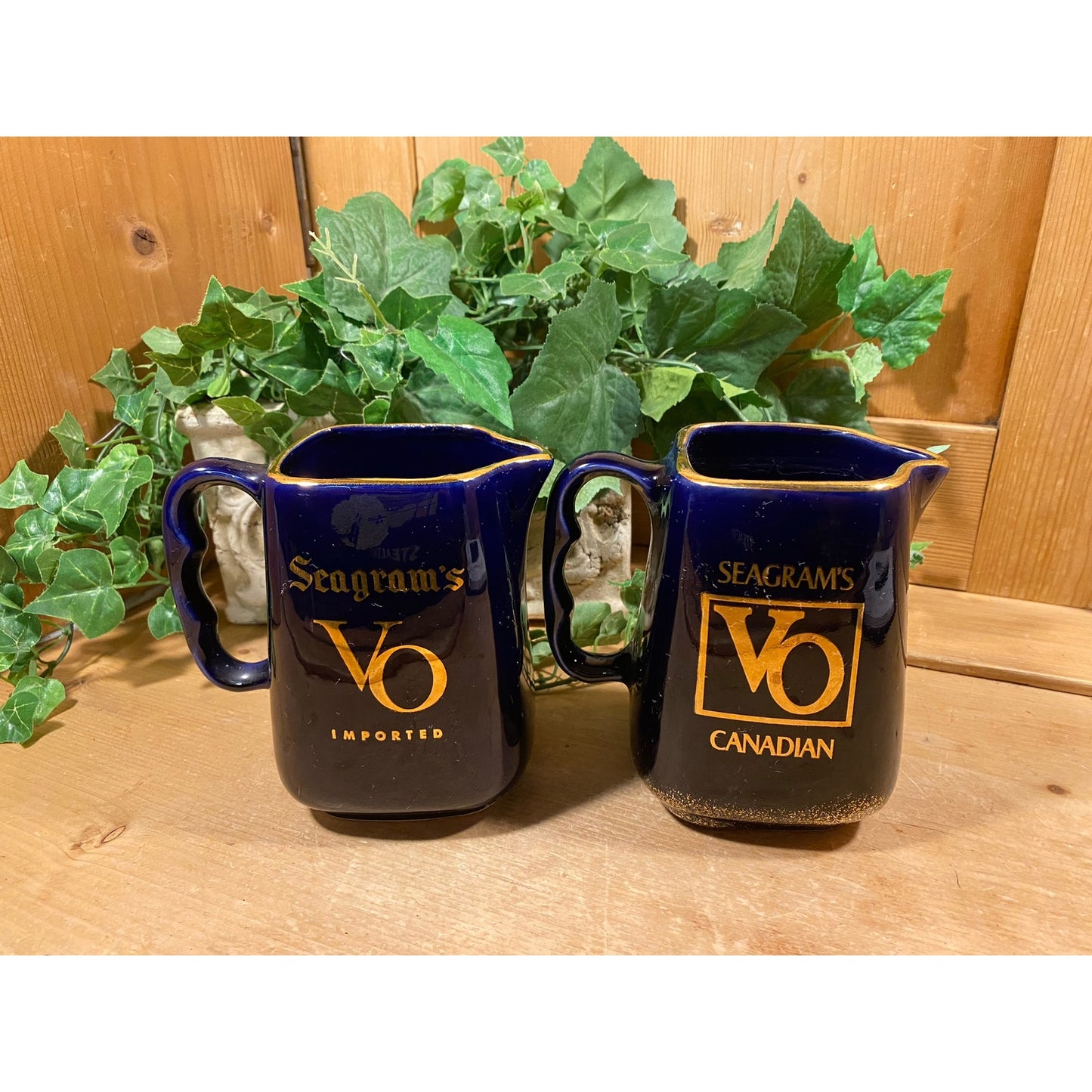 Vintage Seagram's VO Canadian Whiskey Pitchers - Set of 2 | Cobalt Blue Ceramic Whiskey Pitchers with Printed Logo | Academia | Home Bar