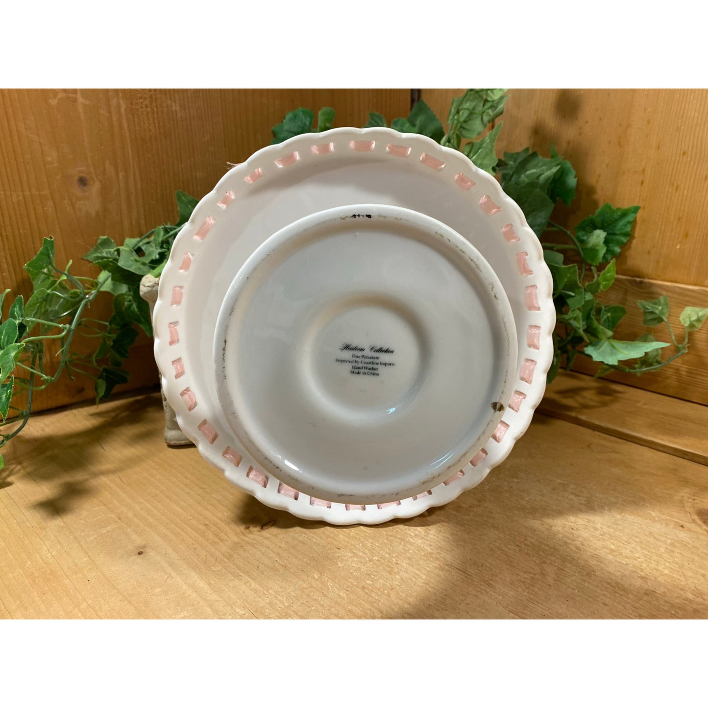 Vintage White Porcelain Pedestal Cake Stand with Pink Ribbon Trim | Coastline Imports | Shabby Chic Pedestal Cake Plate | Dessert Stand