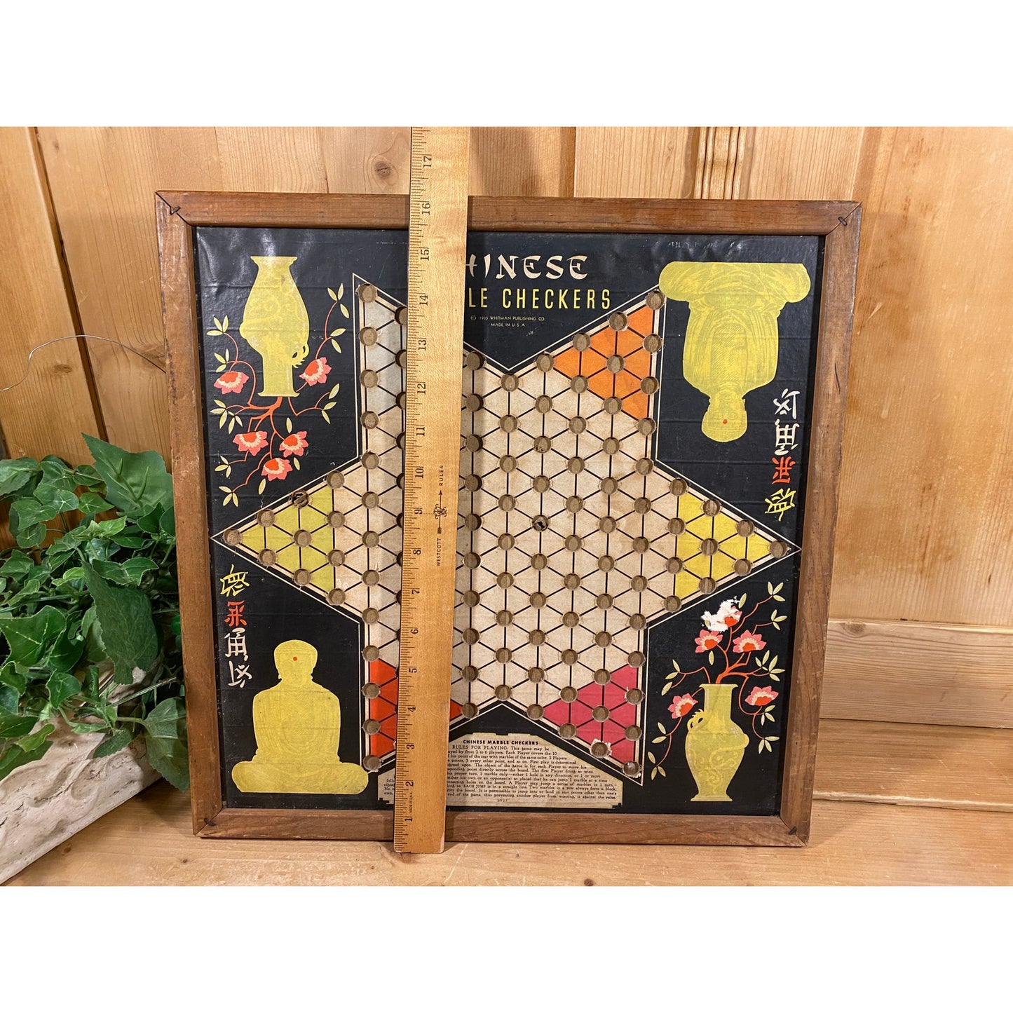 Vintage Chinese Checkers + Checkers Board with Wood Frame | Whitman | 1939 | Reversible Game Board | Classic Marble Boardgame | Game Night