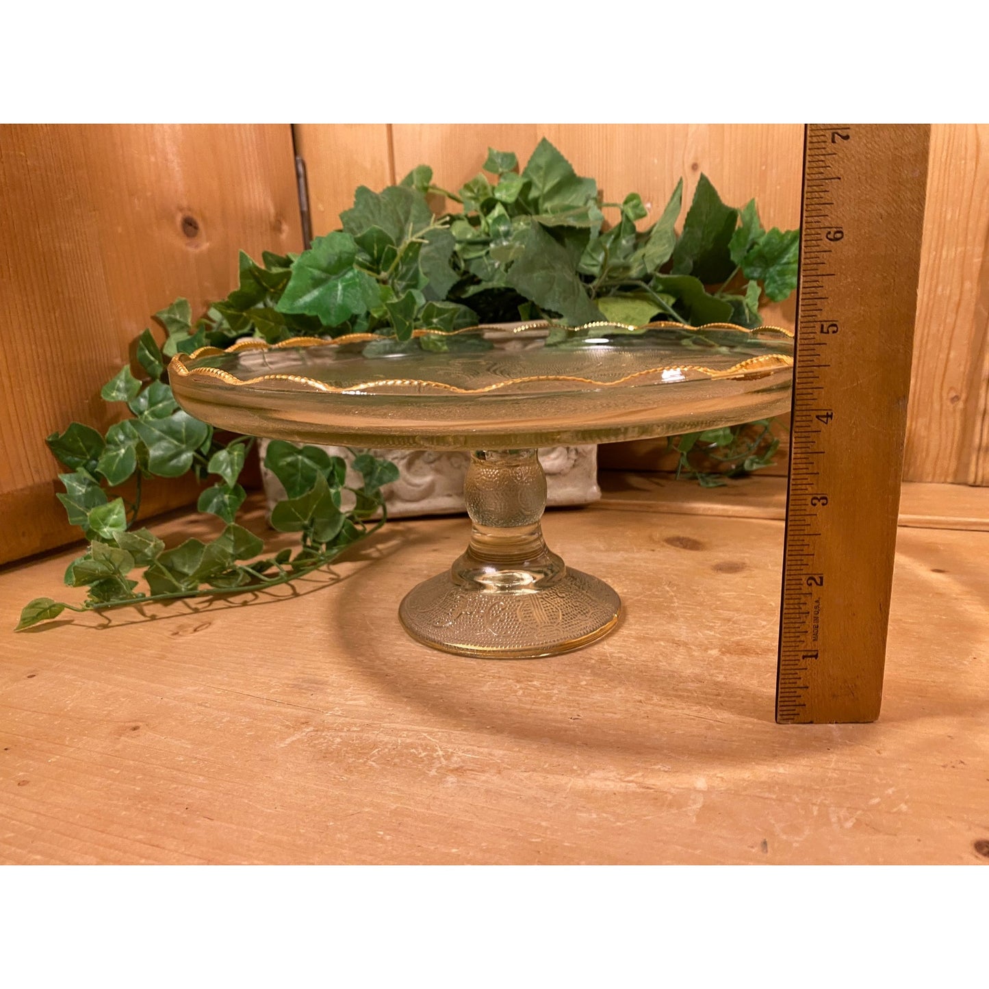 Vintage Clear Glass Pedestal Cake Stand with Gold Bead Trim | Jeanette | Lyre & Harp | Victorian Pedestal Cake Serving Plate | Dessert Stand