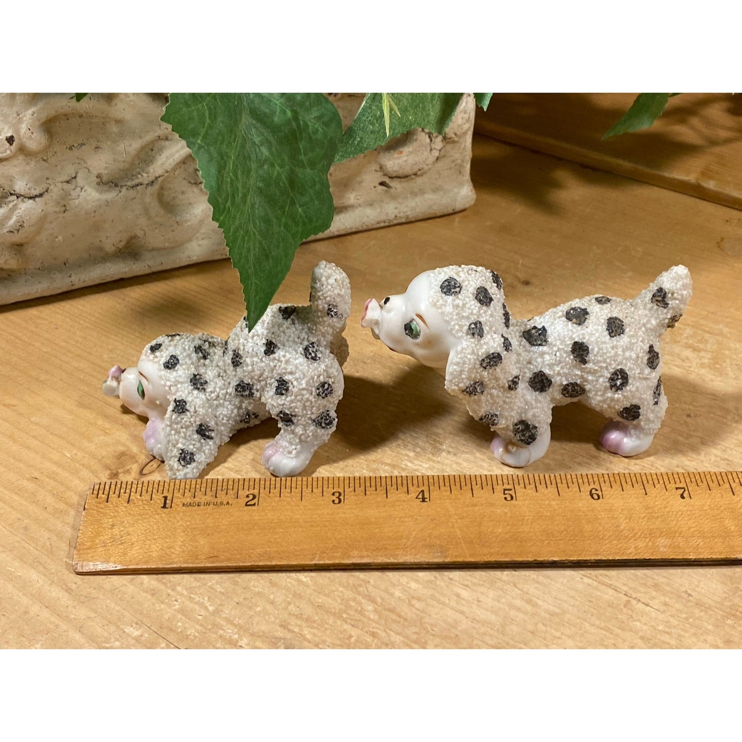Vintage Sugar-Glazed Porcelain Dog Figurines - Set of 2 | Made In Japan | Black + White Spotted Dogs with Flowers | Midcentury Dog Figurines