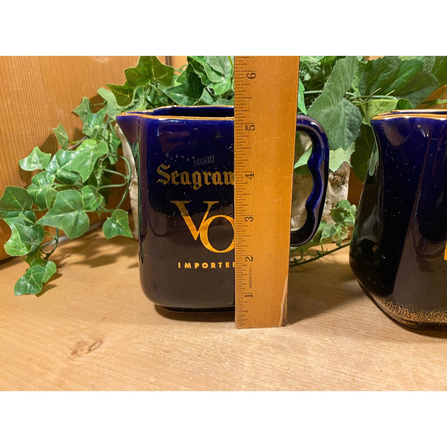 Vintage Seagram's VO Canadian Whiskey Pitchers - Set of 2 | Cobalt Blue Ceramic Whiskey Pitchers with Printed Logo | Academia | Home Bar