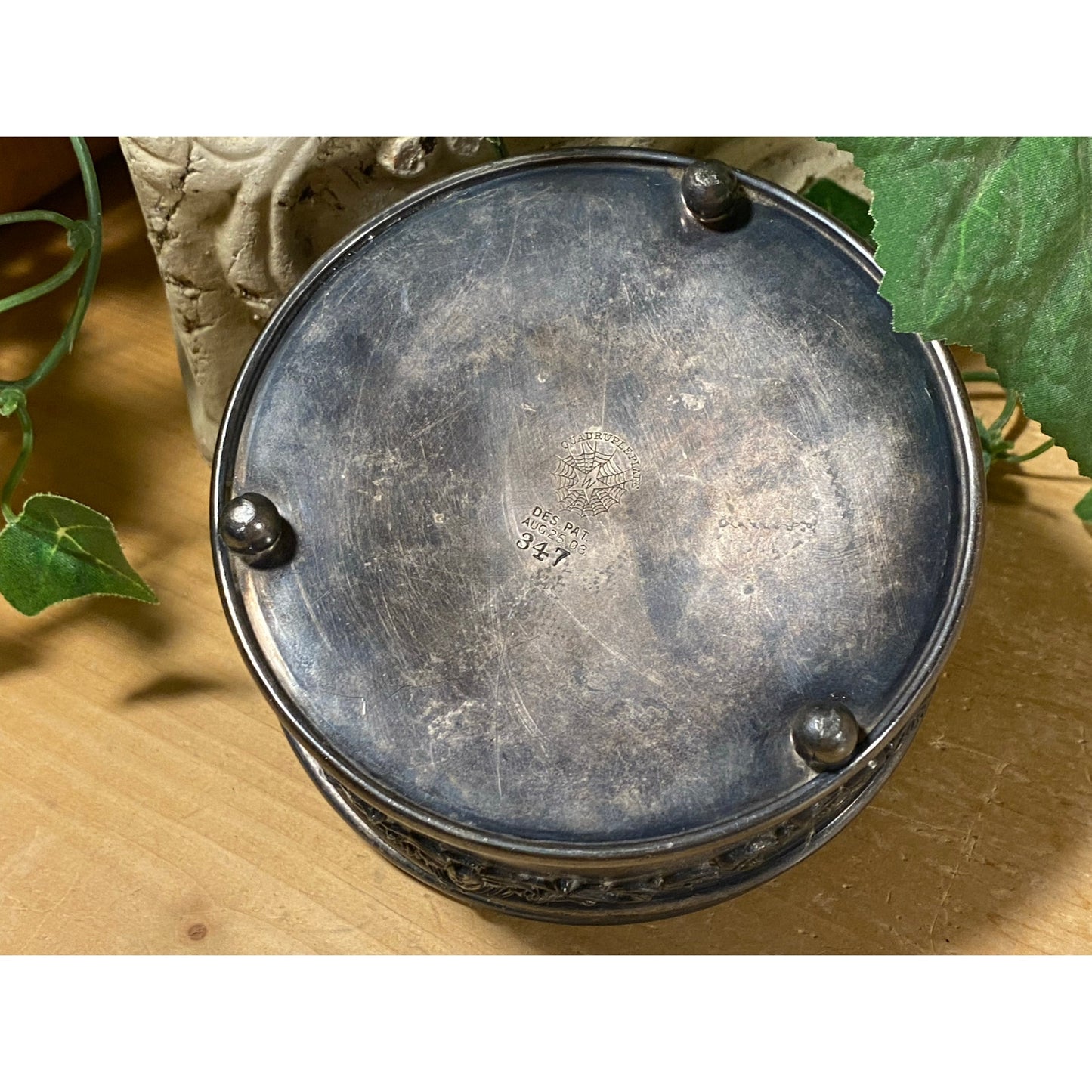 Vintage Edwardian Silver Plated Trinket Box with Embossed Grapes | E.G. Webster & Son | Aug 25, 1908 | Hinged Round Jewelry Box | Victorian