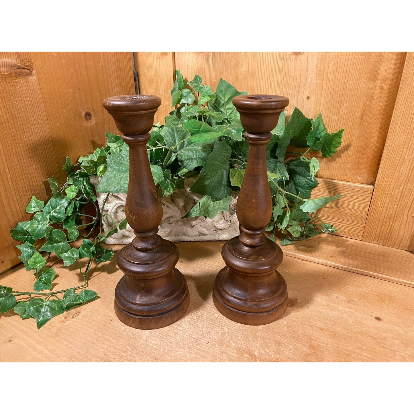 Vintage Handcrafted Wooden Candlesticks - Set of 2 | Rustic Farmhouse Table Decor | Carved Dark Brown Wood Candle Holders | Primitive Decor