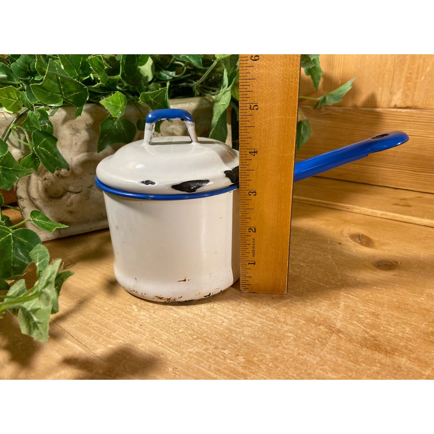 Vintage White and Blue Enamel Sauce Pan with Lid | White + Blue Enamel Pot | Farmhouse Kitchen | White + Blue Enamel Cookware | Enamelware