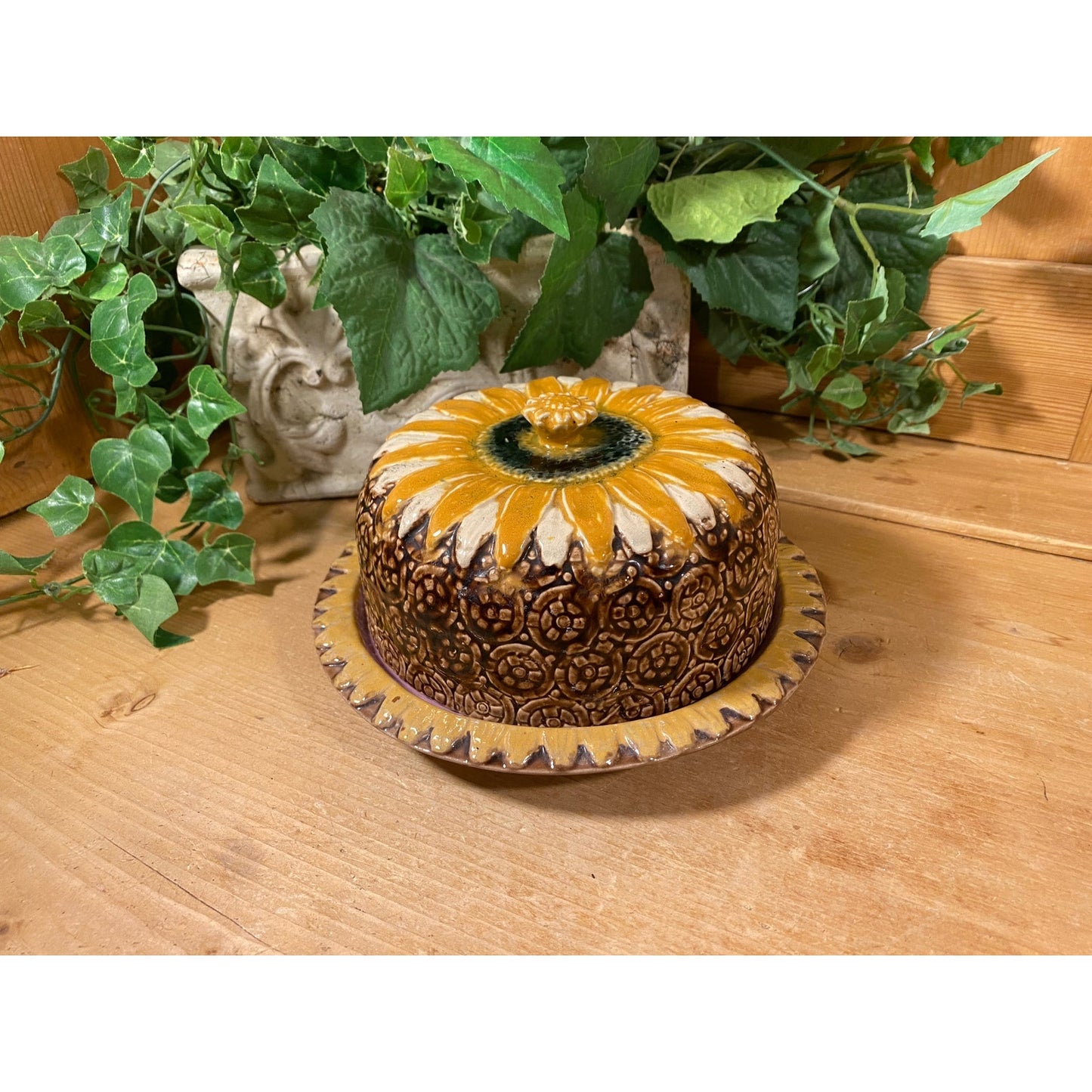 Vintage Flowered Majolica Pottery Cheese Dome with Lid | Yellow and Brown | Cottagecore Decor | Shabby Chic | Floral Victorian Table Decor