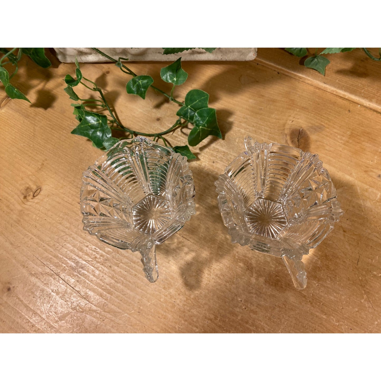Vintage Clear Cut Glass Sugar and Creamer - Set of 2 | Fan Handle and Starburst Base | Victorian | Clear Glass Sugar Bowl + Cream Pitcher