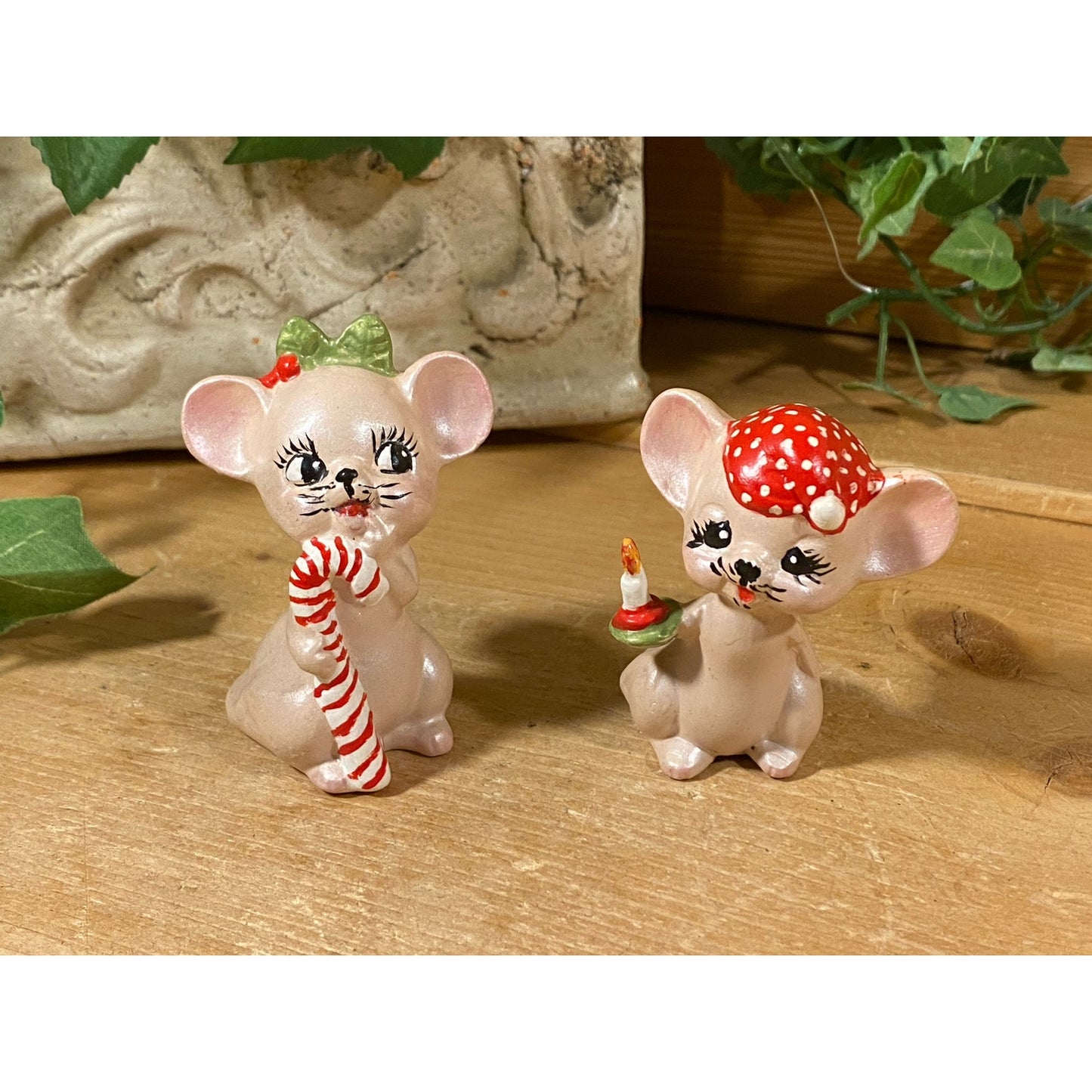 Vintage Christmas Mouse Figurines - Set of 2 | Christmas Mice | Candy Cane Mouse with Holly | Mouse with Red Hat, Candle | Midcentury Modern