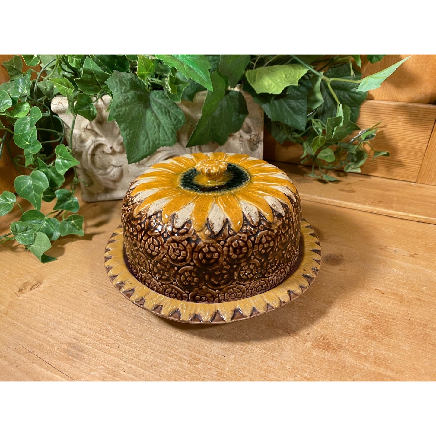 Vintage Flowered Majolica Pottery Cheese Dome with Lid | Yellow and Brown | Cottagecore Decor | Shabby Chic | Floral Victorian Table Decor