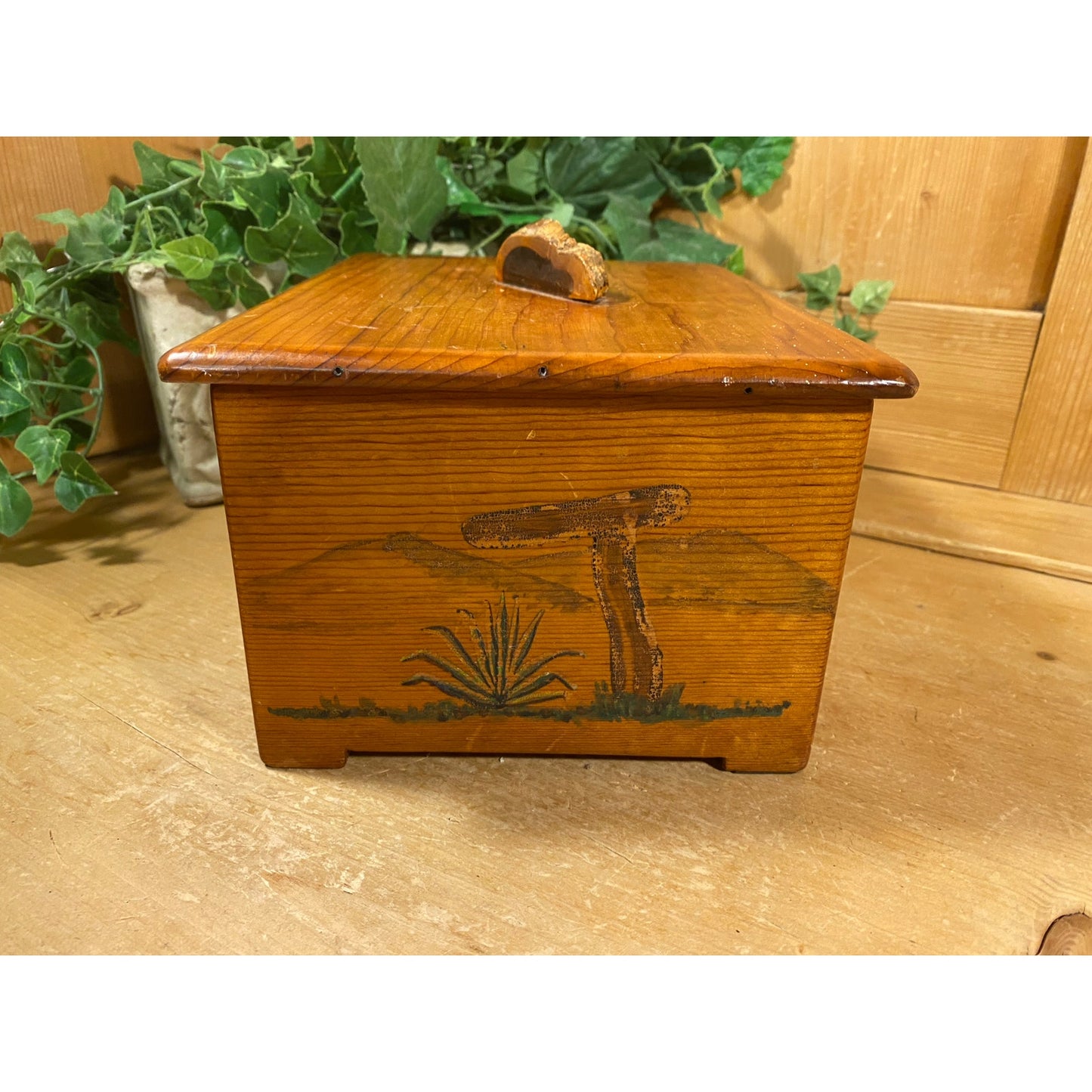 Vintage Hand-Painted Wooden Jewelry Box with Lid | Palm Trees and Cactus | Crystal City, TX | Inscription - 1944 | Midcentury Keepsake Box