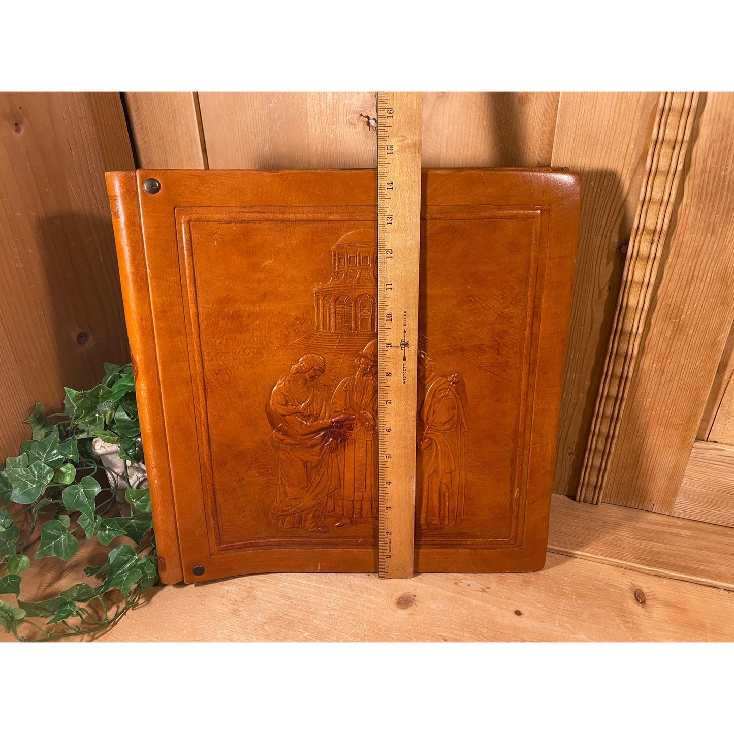 Vintage Leatherbound Sketch Book or Scrapbook w/ Embossed Greek Scene | Athens Greece | Unused, Blank Pages | Brown Leather Cover | Academia