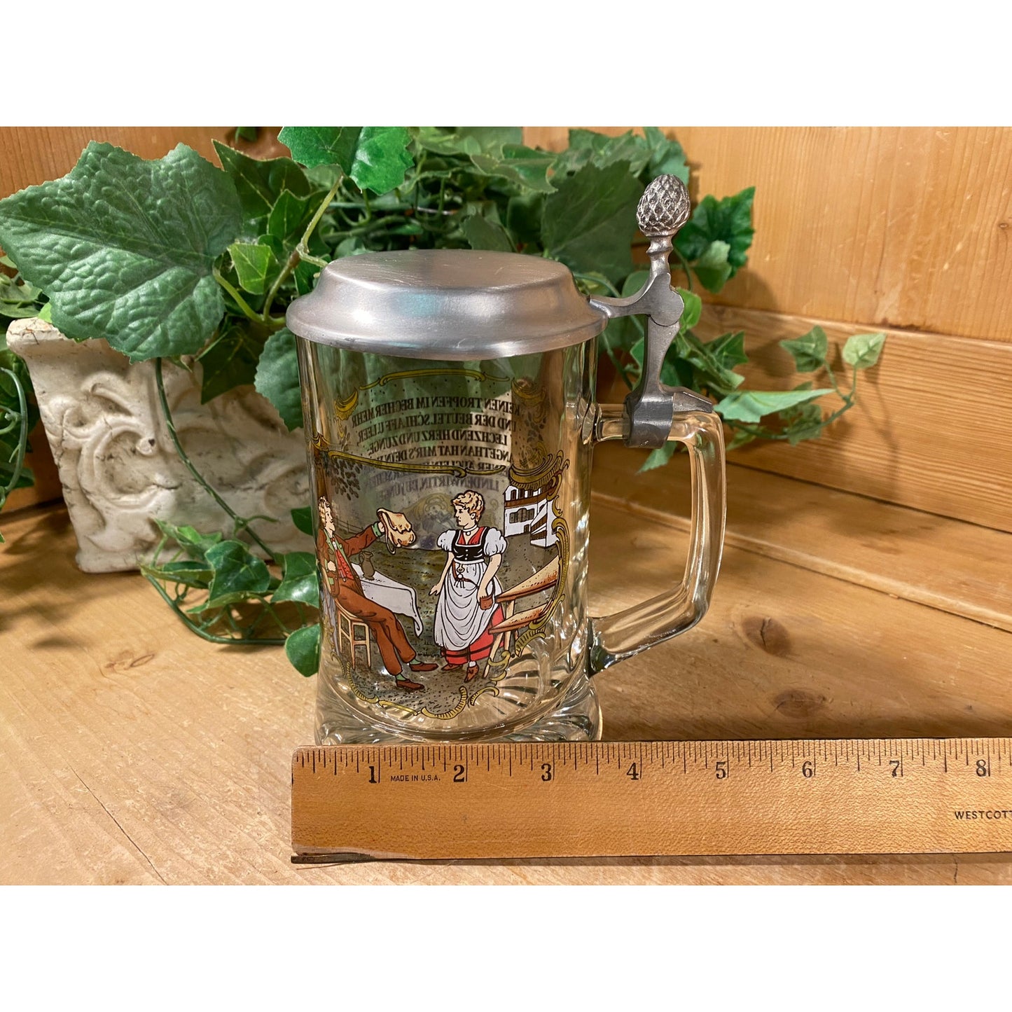 Vintage BMF Glass Beer Stein | Berndorf Metallwaren Fabrik | Glass Beer Mug with Pewter Lid and Handle | Academia | Traditional German Stein
