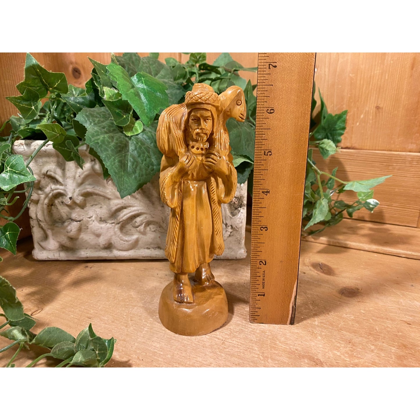Vintage Carved Wood Shepherd with Lamb Figurine | Religious Decor | Good Shepherd Wooden Figurine | Christian | Farmhouse Shelf Decor | Lamb