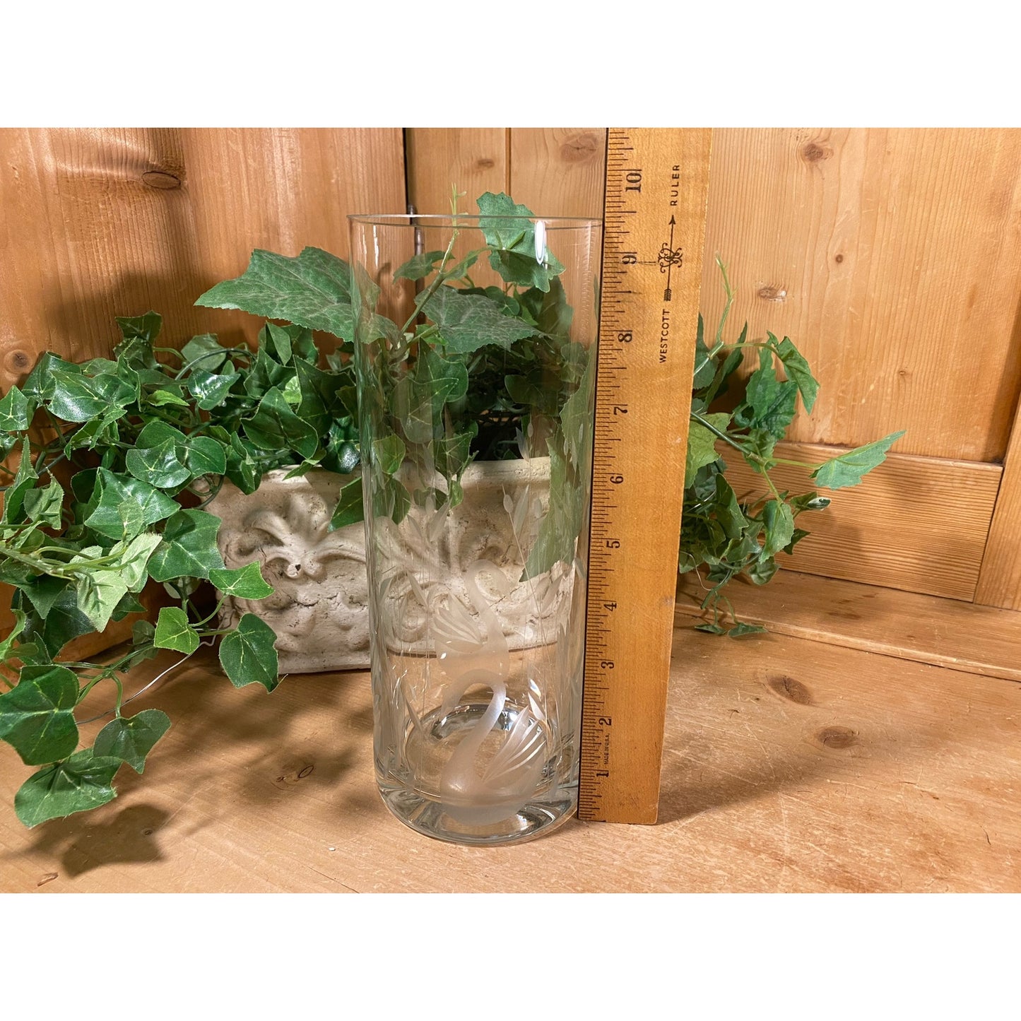 Vintage Clear Round Etched Glass Swan Vase | Round Glass Swan Flower Vase | Cottagecore Table Decor | Swans | Swan Decor | Etched Glass Vase