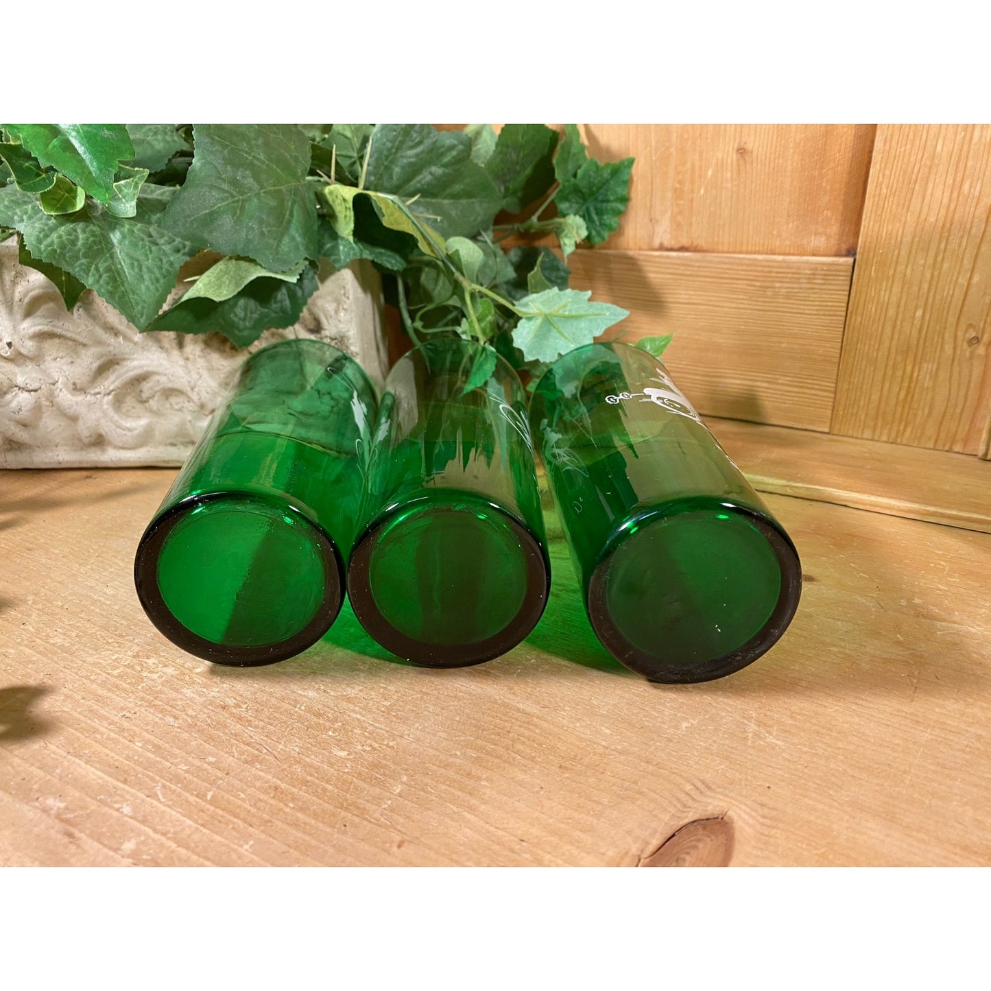 Vintage "Gay '90s Green Glass Drinking Glasses | Anchor Hocking | 3 Bicycle for Two, 2 Gas Buggy, 3 The Hansom | Green Glass Cups with 1890s