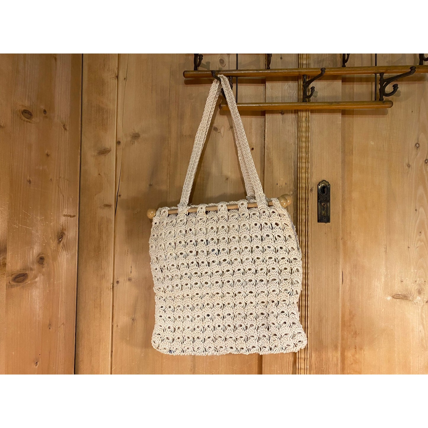 Vintage Macrame Handbag with Wooden Dowels | Cream Crochet Knit Purse with 2 Handles and Floral Lining | Hippie Satchel | Boho Handbag
