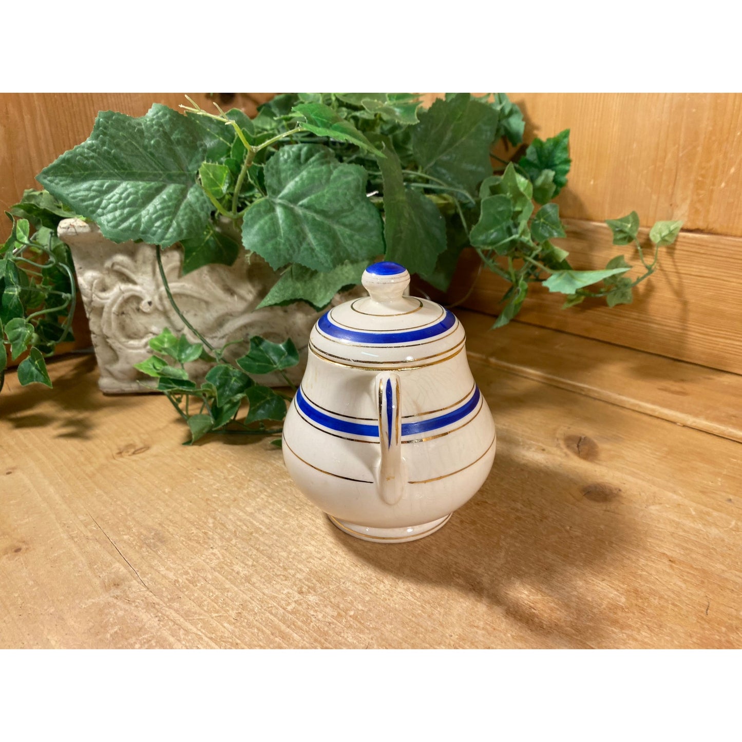 Vintage Striped Porcelain Sugar Bowl with Lid | Crooksville China Co. | Made In USA | Pasmantier Pattern | Blue and Gold | Victorian Tea