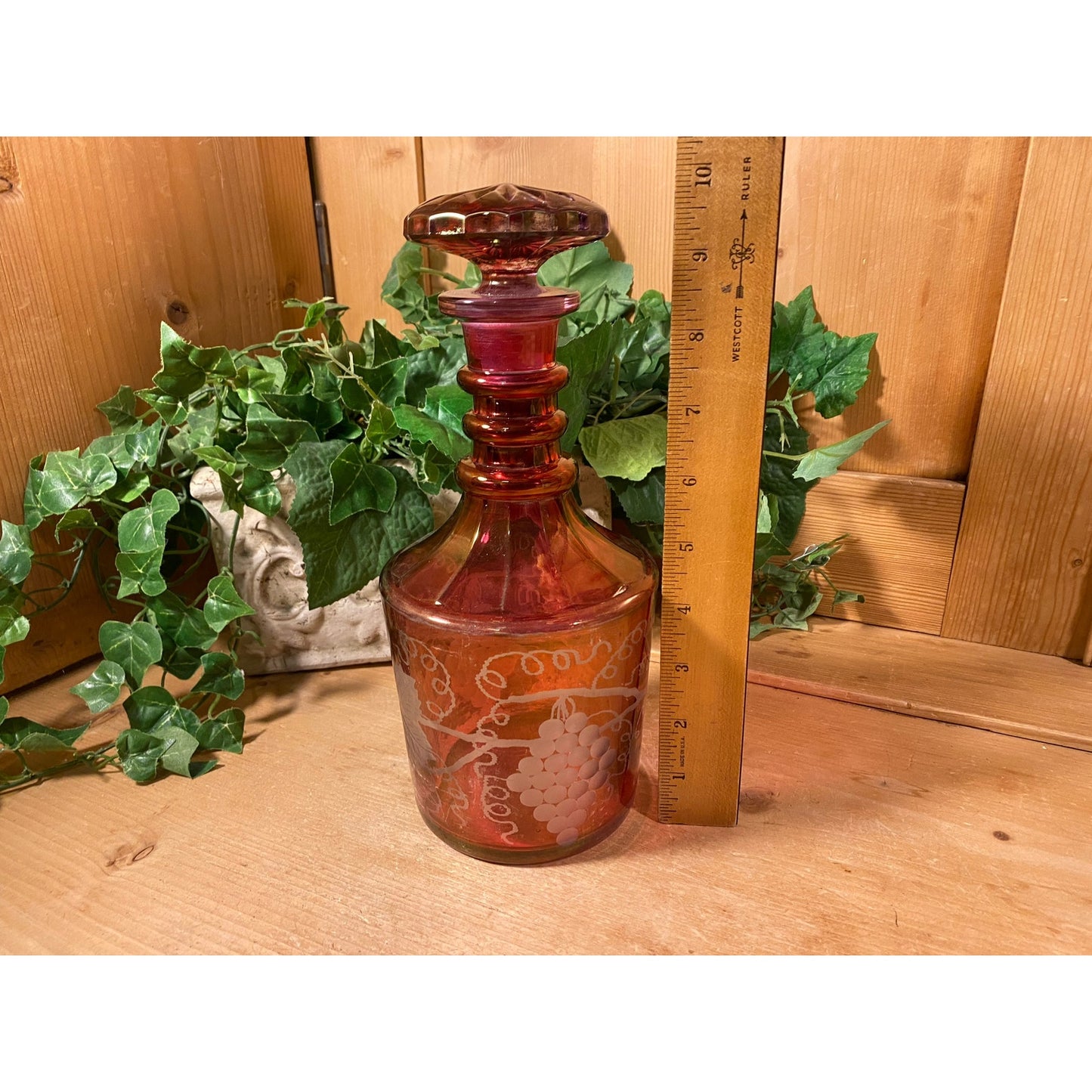 Vintage Etched Glass Wine Decanter with Glasses - Set of 5 | Imperial | Etched Glass with Grapes, Grapevines | Wine Decanter Set | Victorian