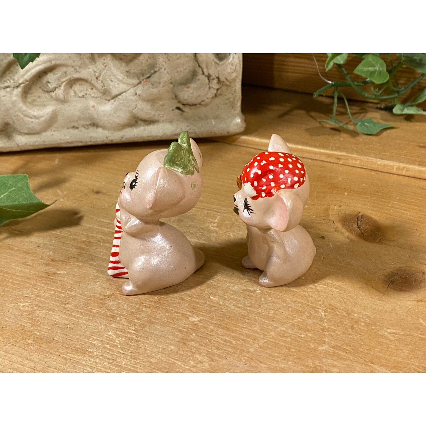 Vintage Christmas Mouse Figurines - Set of 2 | Christmas Mice | Candy Cane Mouse with Holly | Mouse with Red Hat, Candle | Midcentury Modern