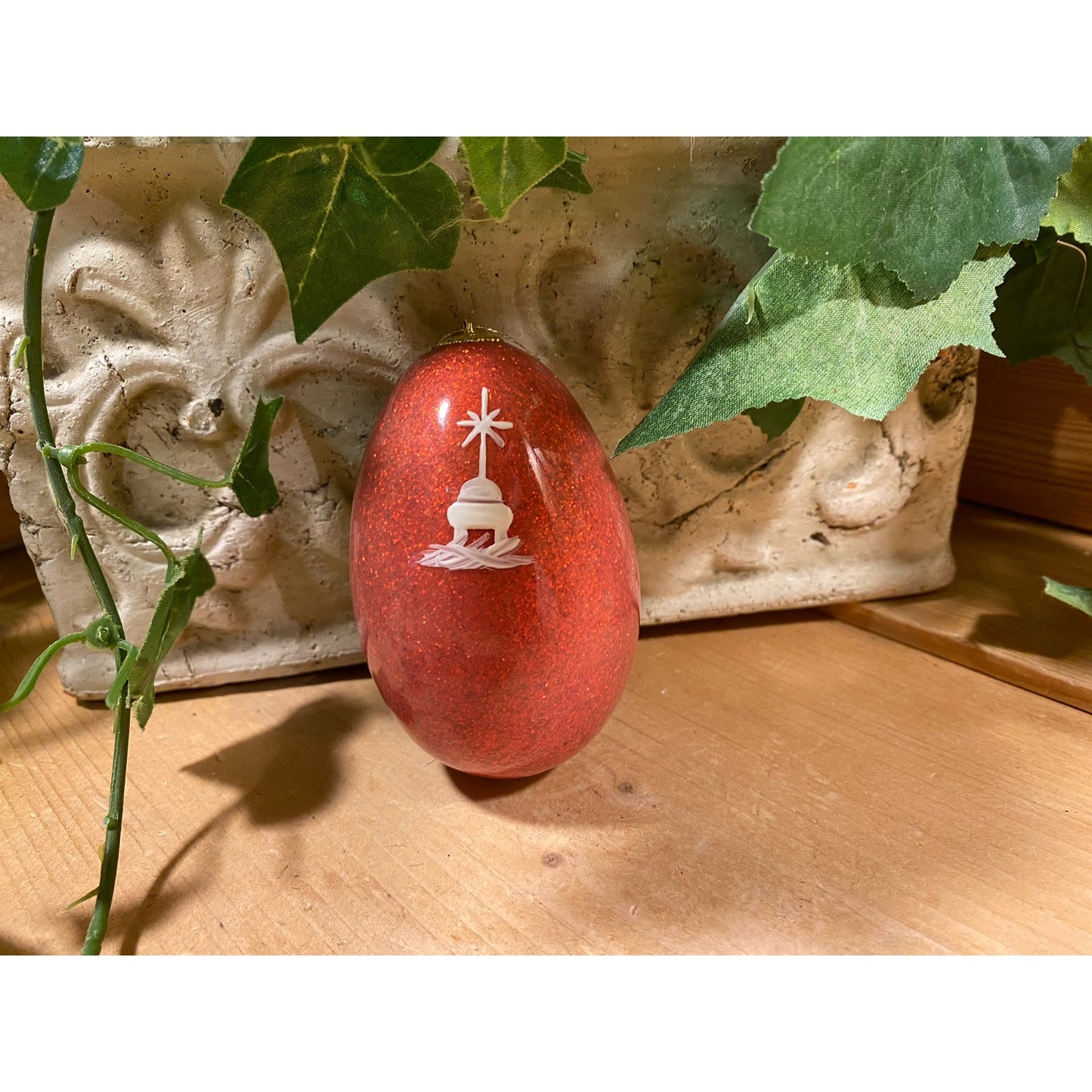 Vintage Handpainted Real Eggshell Ornament | Mary and Joseph Riding to Bethlehem | Red Christmas Egg | Nativity Painted Chicken Egg