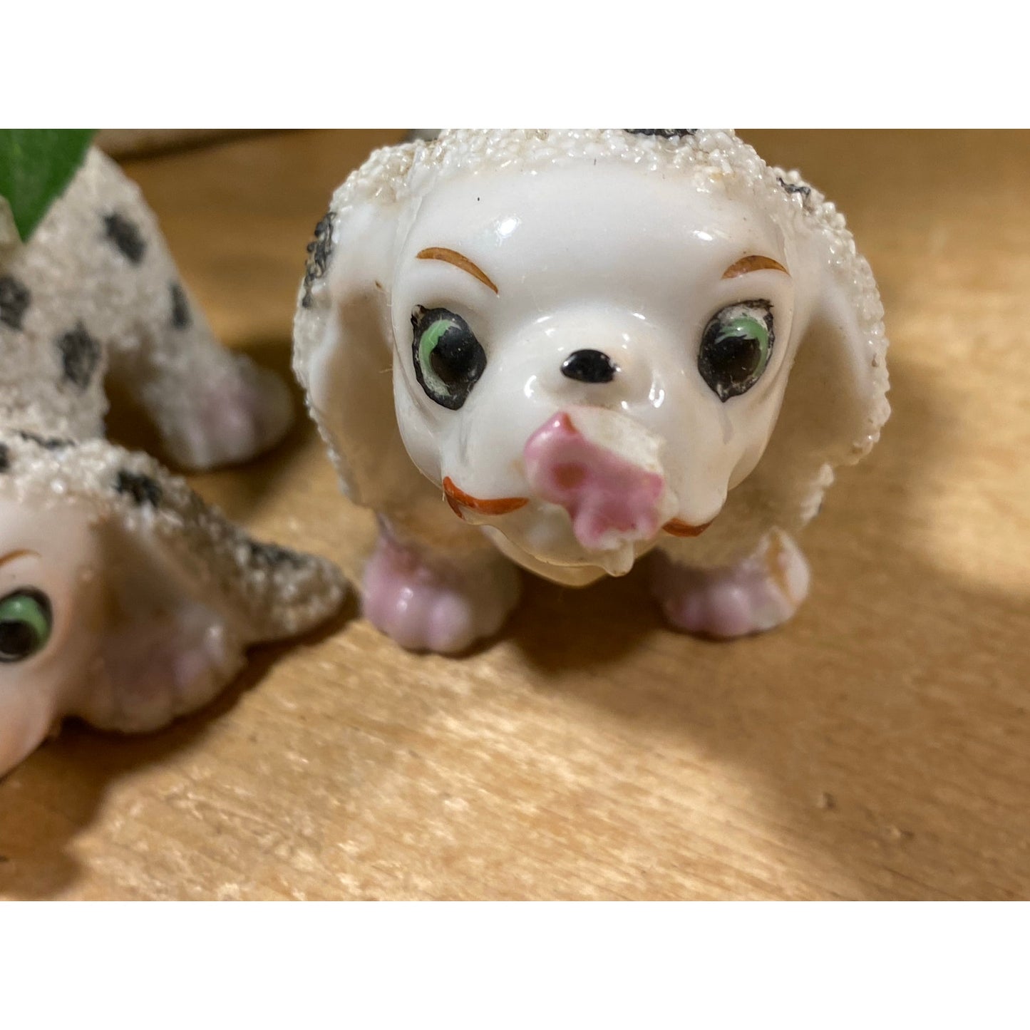 Vintage Sugar-Glazed Porcelain Dog Figurines - Set of 2 | Made In Japan | Black + White Spotted Dogs with Flowers | Midcentury Dog Figurines