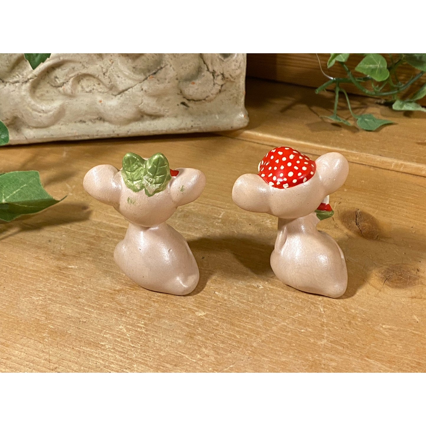 Vintage Christmas Mouse Figurines - Set of 2 | Christmas Mice | Candy Cane Mouse with Holly | Mouse with Red Hat, Candle | Midcentury Modern