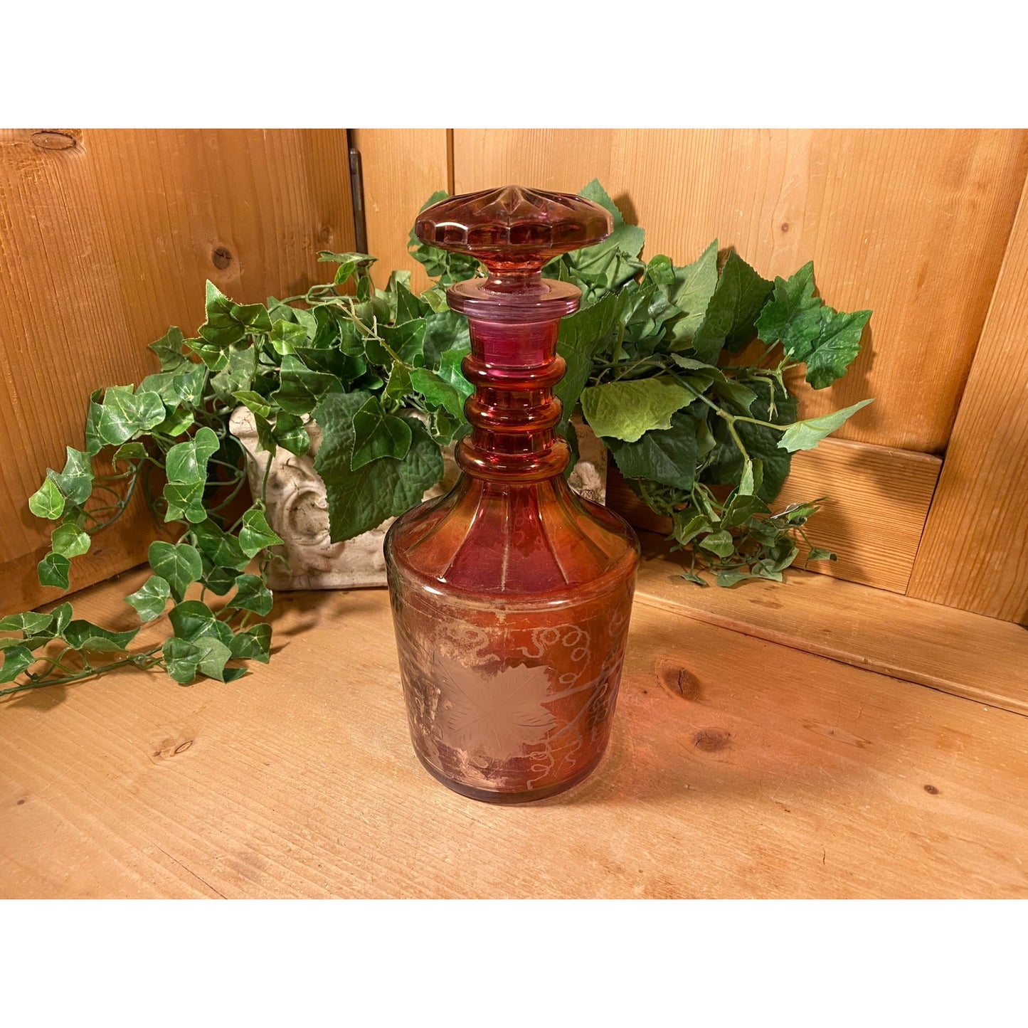 Vintage Etched Glass Wine Decanter with Glasses - Set of 5 | Imperial | Etched Glass with Grapes, Grapevines | Wine Decanter Set | Victorian